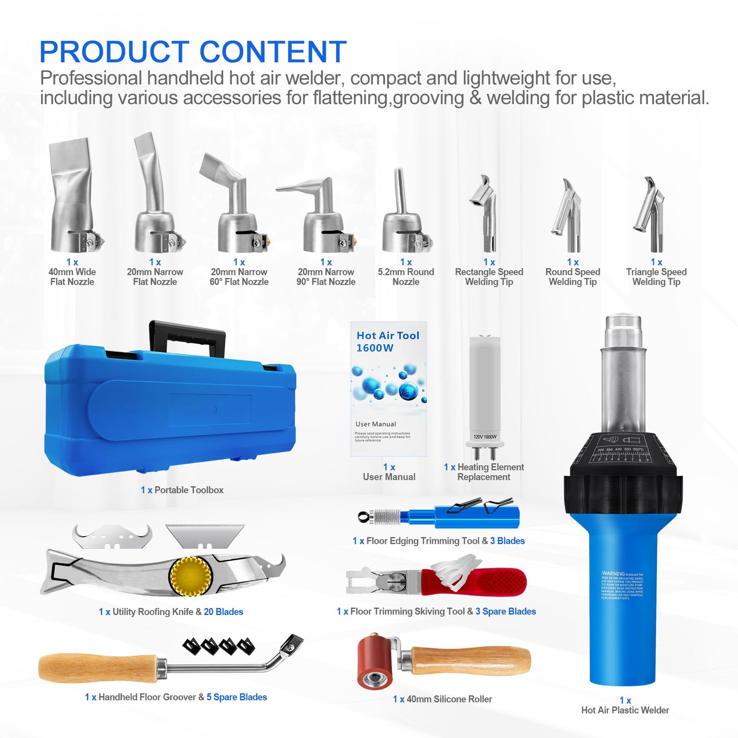 SWIGRANCE Hot Air Plastic Welder 1600W, Complete Accessories & Nozzles for Plastic Welding Roofing Kit 110V, Vinyl PVC TPO Roof Handheld Hot Air Heat Gun Plastic Welding Torch