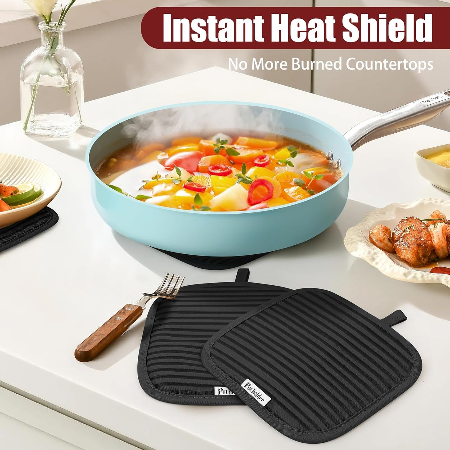 Skiennix Oven Mitts & Pot Holder Set - 500°F Heat Resistant Silicone Grip | 6 Pack Cotton Dish Towels - Black Kitchen Essentials
