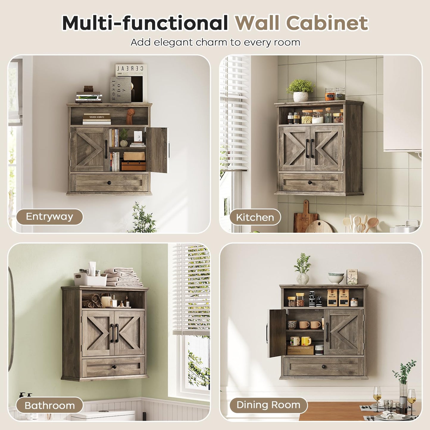 Bathroom Wall Cabinet, Wall Mounted Medicine Cabinet with Drawer, Barn Door & Adjustable Shelf, 24.4"H x 23.6"W x 9"D Grey Over Toilet Farmhouse Storage Cabinet for Kitchen, Laundry, Entryway