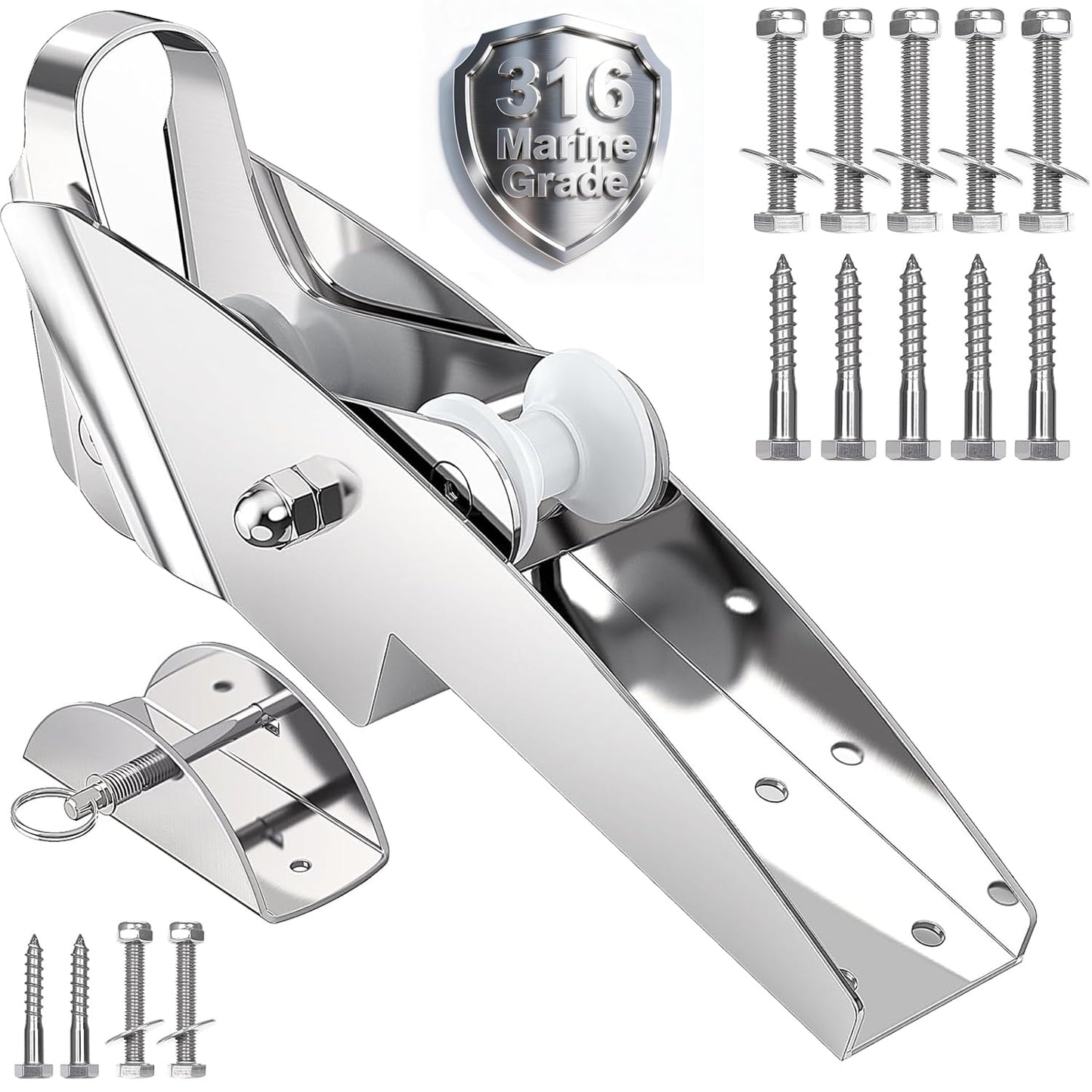FUCNEN Bow Anchor Roller with Anchor Lock Marine Grade 316 Stainless Steel Hinged Self-Launching Double Bow Roller, 16.5'' for Marine Boat Yacht Kayak Anchoring System&Chain Lock Stopper Bracket