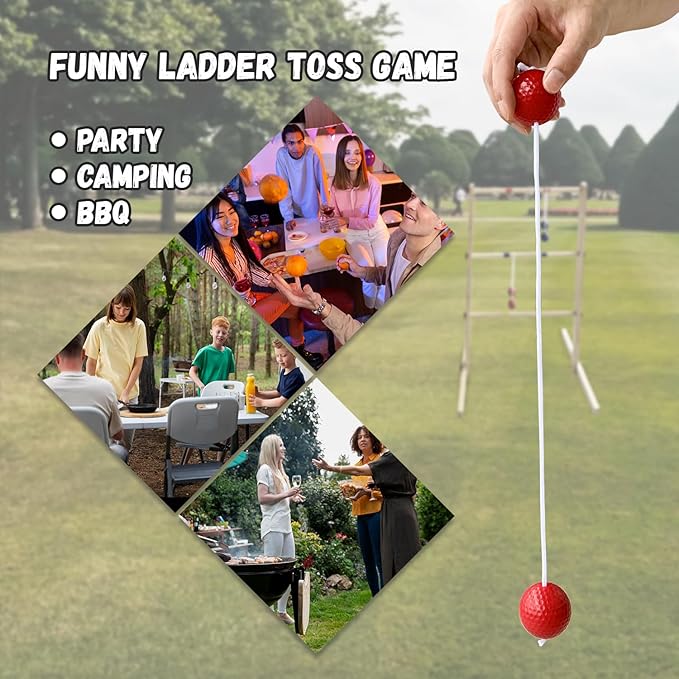 Ladder Ball Set with 2 Ladders 6 Bolas and Scoreboard Lawn Game Ladder Toss Outdoor Ladder Toss Game Set Wood Ladder Ball Set