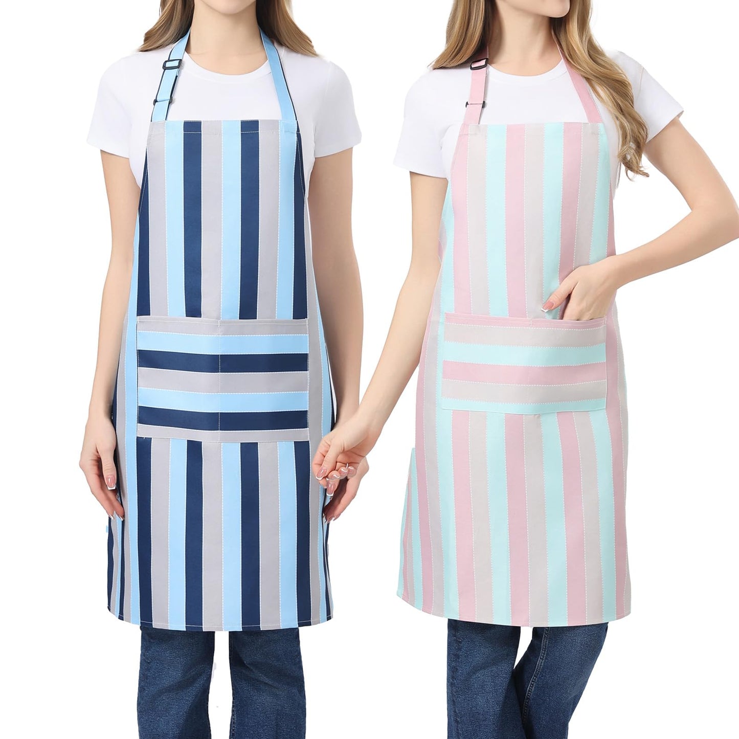 juningxin 2-piece kitchen aprons, adjustable neck strap waterproof aprons with pocket design, blue and pink striped chef aprons suitable for grilling, baking, and restaurant work