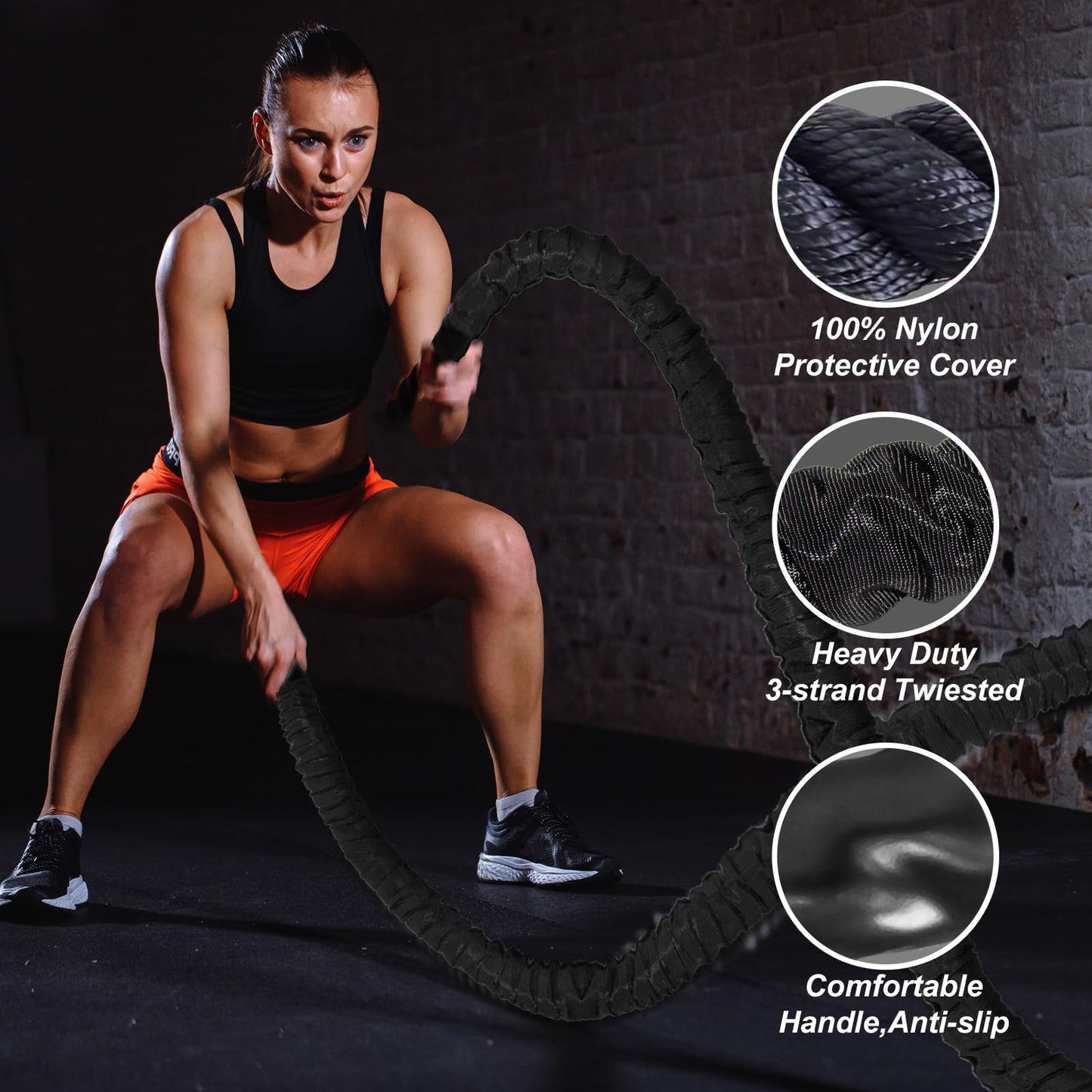 Brobantle Battle Rope 1.5 Inch Diameter,Black 30FT Exercise Workout Ropes for Home Gym Heavy Weighted Training Rope for Working Out