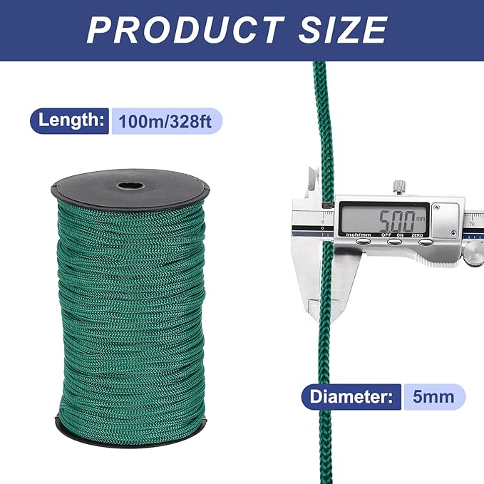 MECCANIXITY 3/16 Inch Polypropylene Rope Braided Ropes, 328ft Nylon Rope Hollow Utility Cord for Clothesline, Camping, Hiking, Outdoor, Ink Green