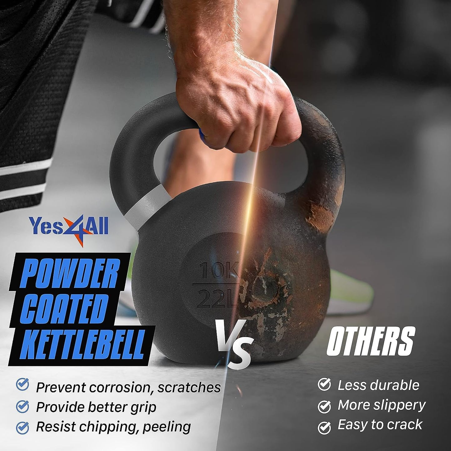 Yes4All Powder Coated Kettlebell, 26 lb Cast Iron Core Kettlebells with Non-Slip Handle & Flat Bottom for Conditioning, Heavy Duty for Strength Training - Single, Blue