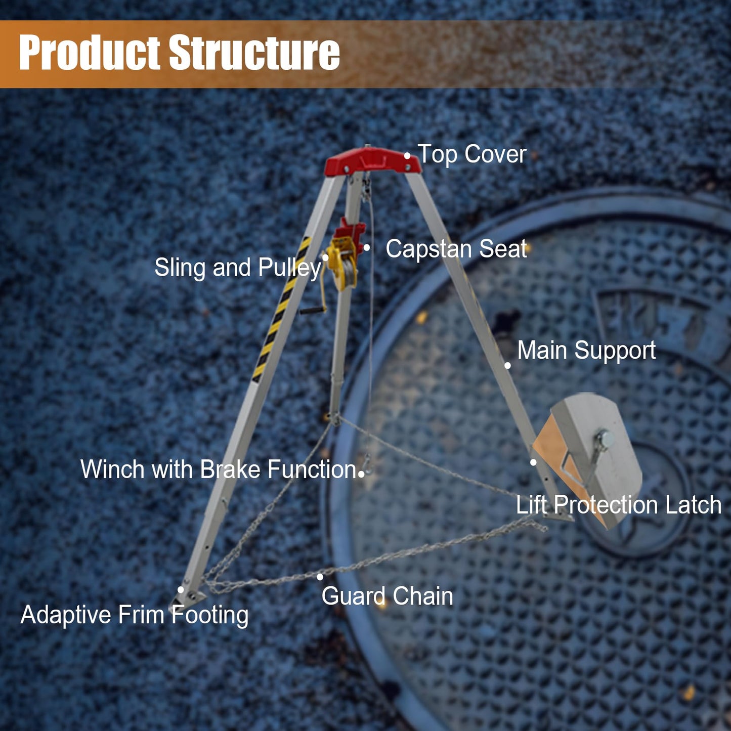 HayWHNKN Confined Space Tripod Kit 1200lbs Winch 65ft Steel Cable with Retractable Support Legs Aluminum Confined Space Rescue Tripod