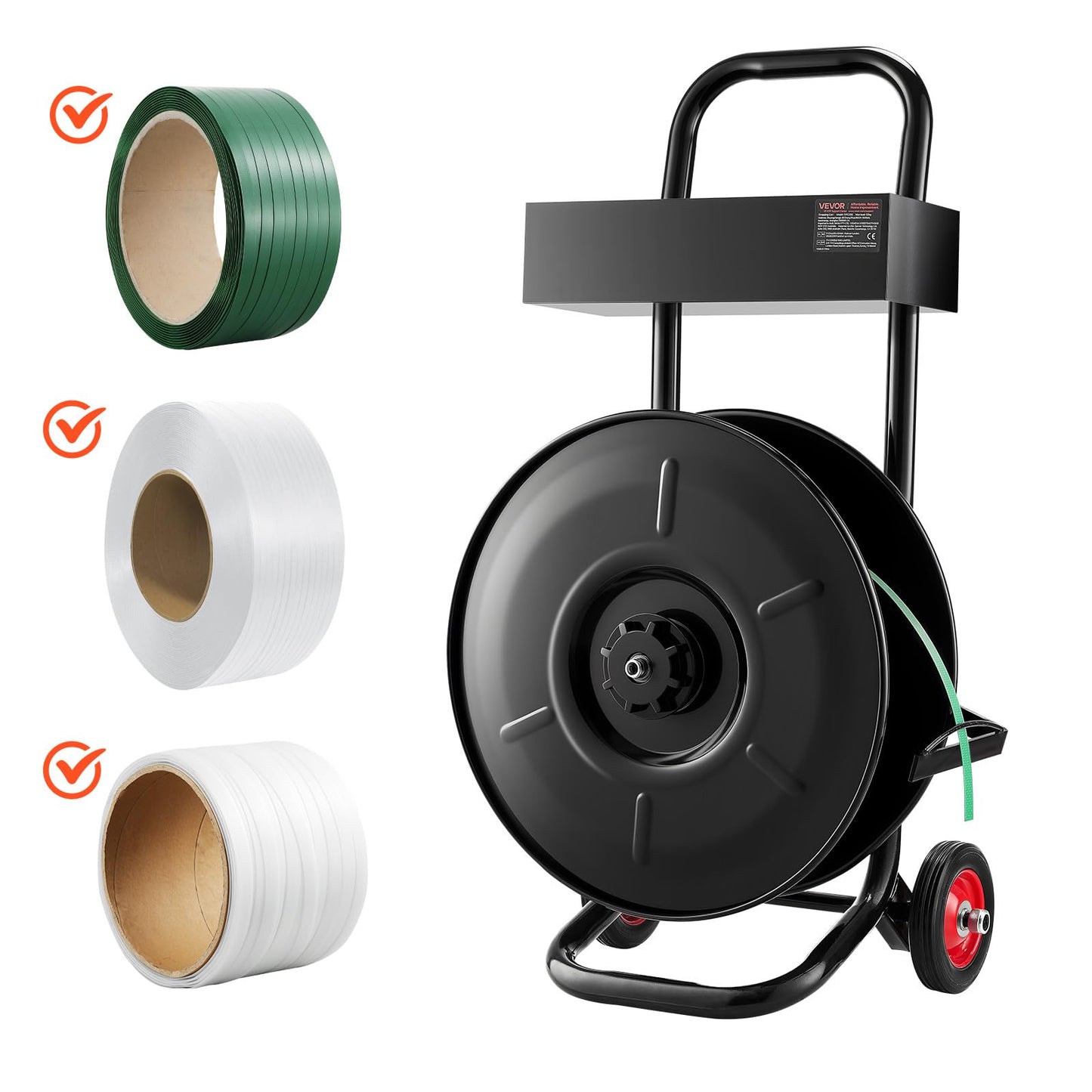 VEVOR Banding Strapping Cart, Fit for PET/PP/Polyester Strapping Coils with 8 inches Core Size, Heavy Duty Strapping Dispenser Equipped with Upgrade Brake System, Built-in Spacious Tray for Tools
