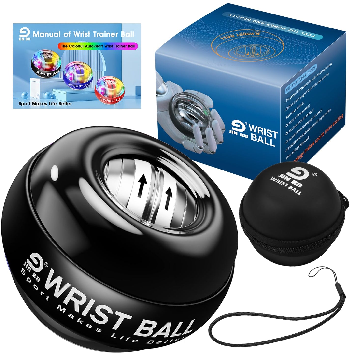 JIN BD Auto-Start Gyro Ball Wrist Trainer, Gyroscopic Forearm Exerciser for Strengthening Arms, Fingers, and Muscles (Pure Black No Light)