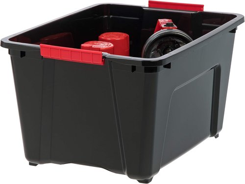 IRIS USA Plastic Storage Box - 30 L (32 QT) BPA-Free Containers with Lid & Latches - Black, 4 Pack