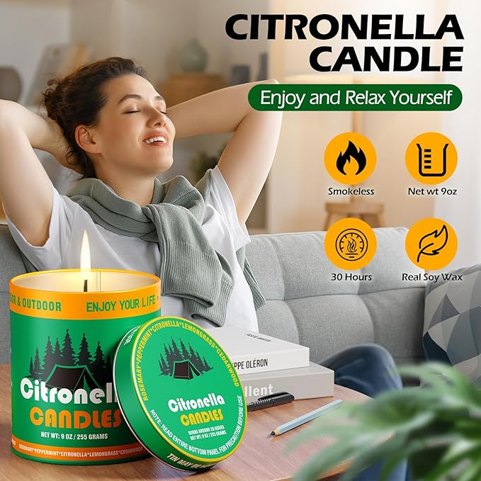 Citronella Outdoor Candles Set | 2-Pack 510g 80H Long-Lasting Burn Time | Natural Soy Wax Jar Tin Lemongrass Candle for Outside Camping,Patio,Fishing |Outdoor Candles Gift for Men&Women/Father's Day