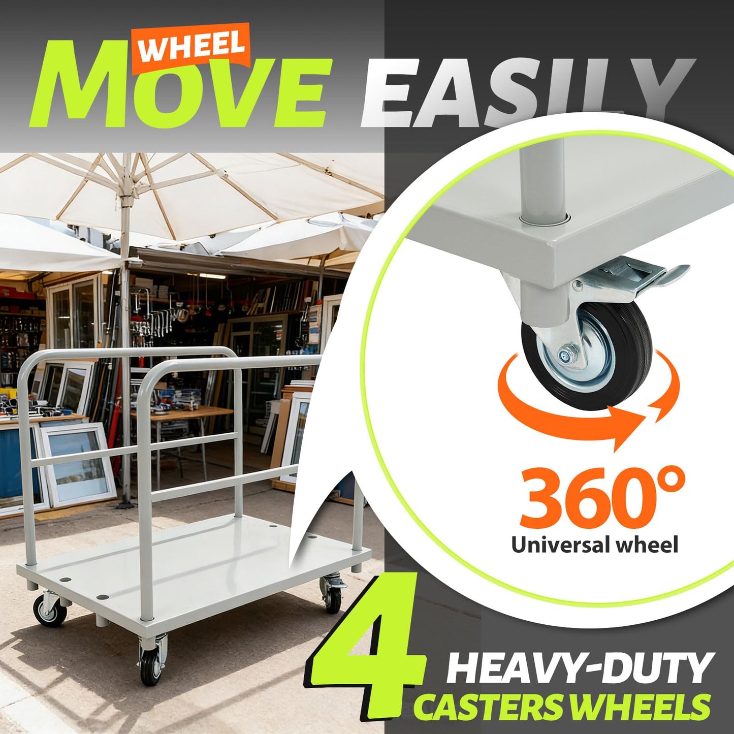 Gelacie 23x34inch Steel Panel Truck Cart, Flat Dolly Cart, Flatbed with 2000 lbs Capacity Platform Truck, Heavy Duty Lumber Drywall Dolly, 4 Swivel Casters, Board with 2 Detachable Side Handrails