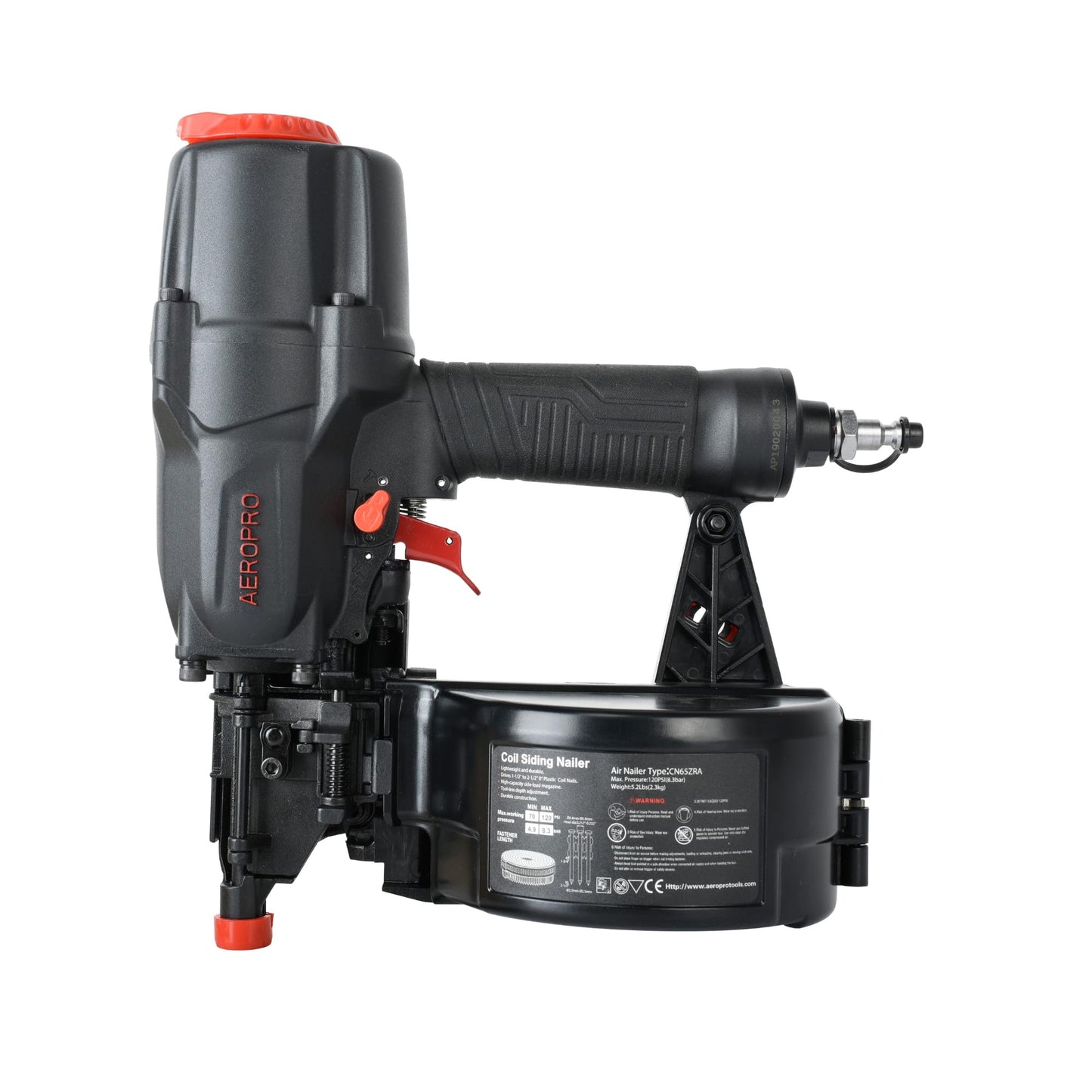 AeroPro CN65Z 0 Degree 1-1/2″ to 2-1/2″ Pneumatic Coil Siding Nailer with Tool-less Depth Adjustment and Side Load, Tilt Bottom Magazine