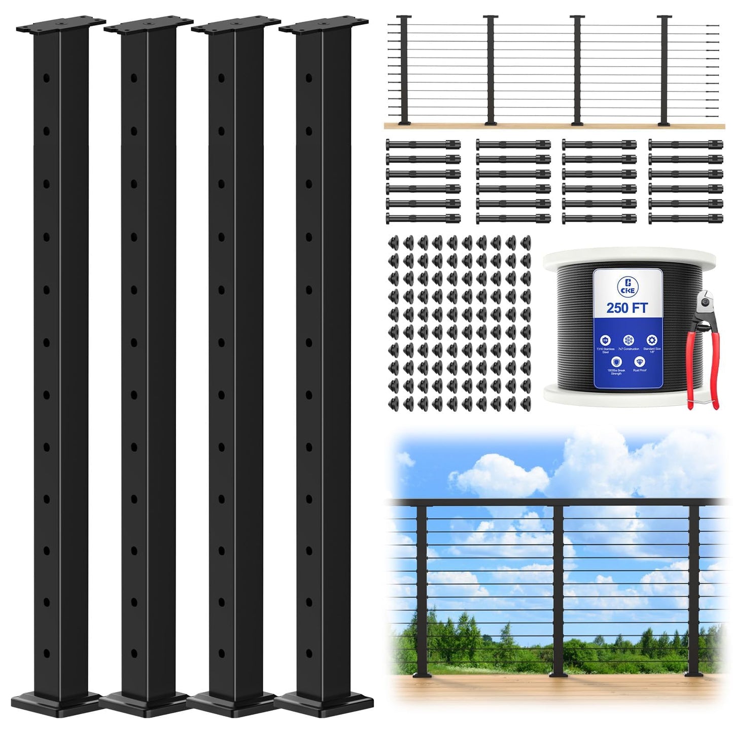 CKE 15ft-20ft Complete Set 42" Cable Railing Post Kit, 4Pack Black Level Drilled Line Posts(41"x2"x2"), Swageless Deck Cable Railing System Kit, 250ft 1/8" Wire Rope(No Handrail), Black Post Kit LPS02