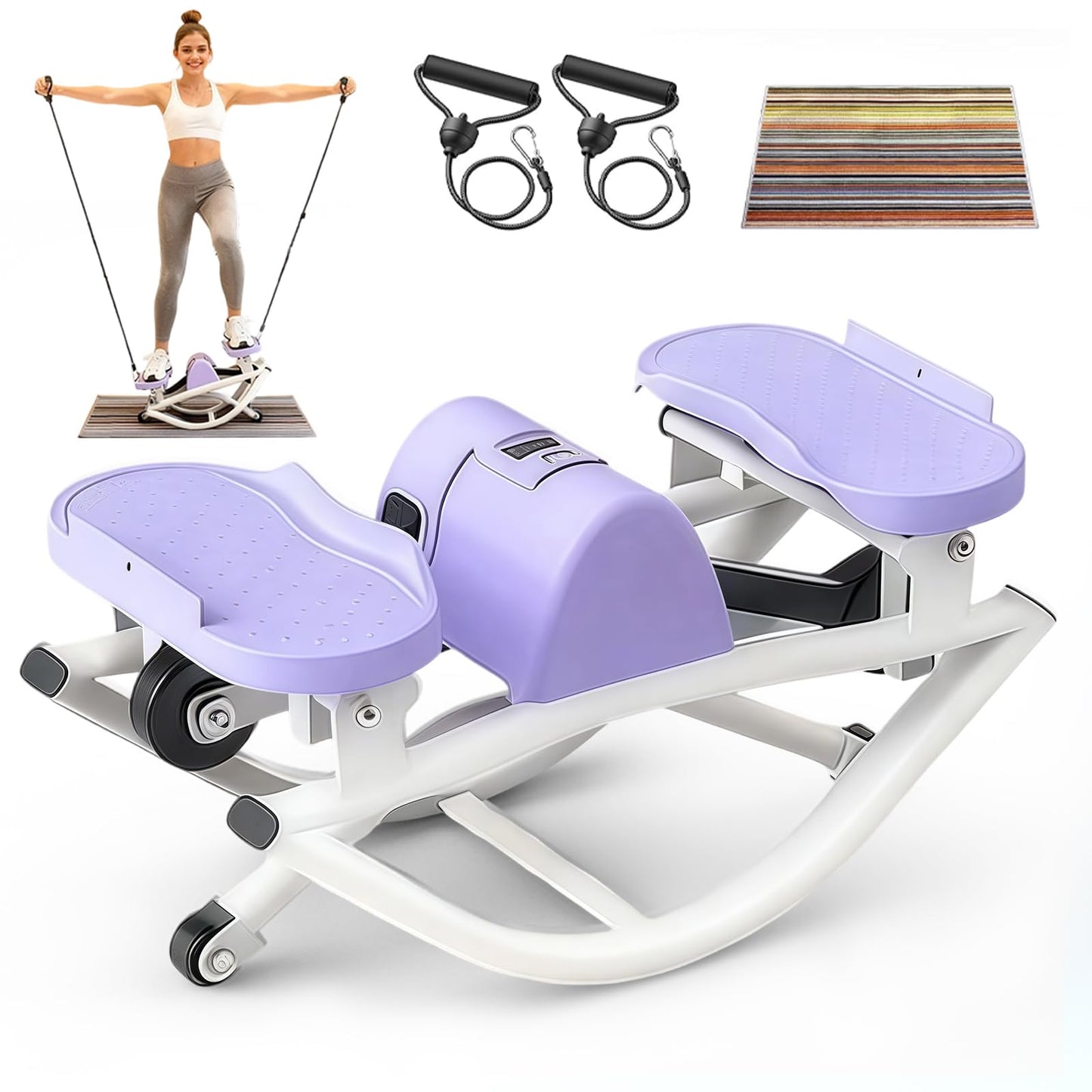 Flexella Rock Stepper, Side to Side Rocking Stepper Exercise Machine for Balance at Home, Low-Impact Lateral Stair Stepper with Resistance Bands & Digital Counter, 250 LBS Weight Capacity (Purple)
