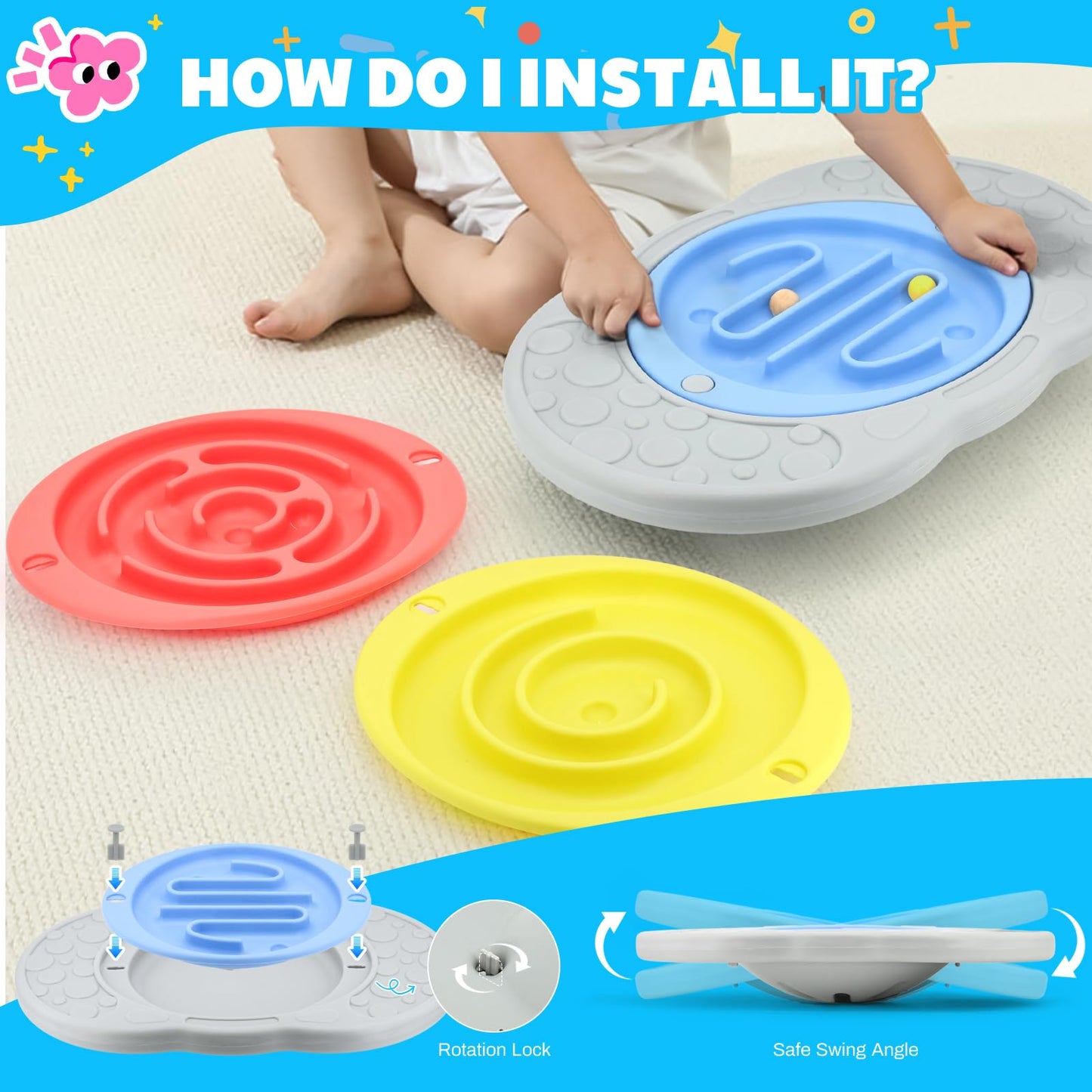 Balance Board Maze for Kids, Wobble Board with 3 Balls, 3 Replacement Labyrinth Boards, Indoor Active Play Toys for Sensory Training, Ages 3+, Max Load 140 Lbs