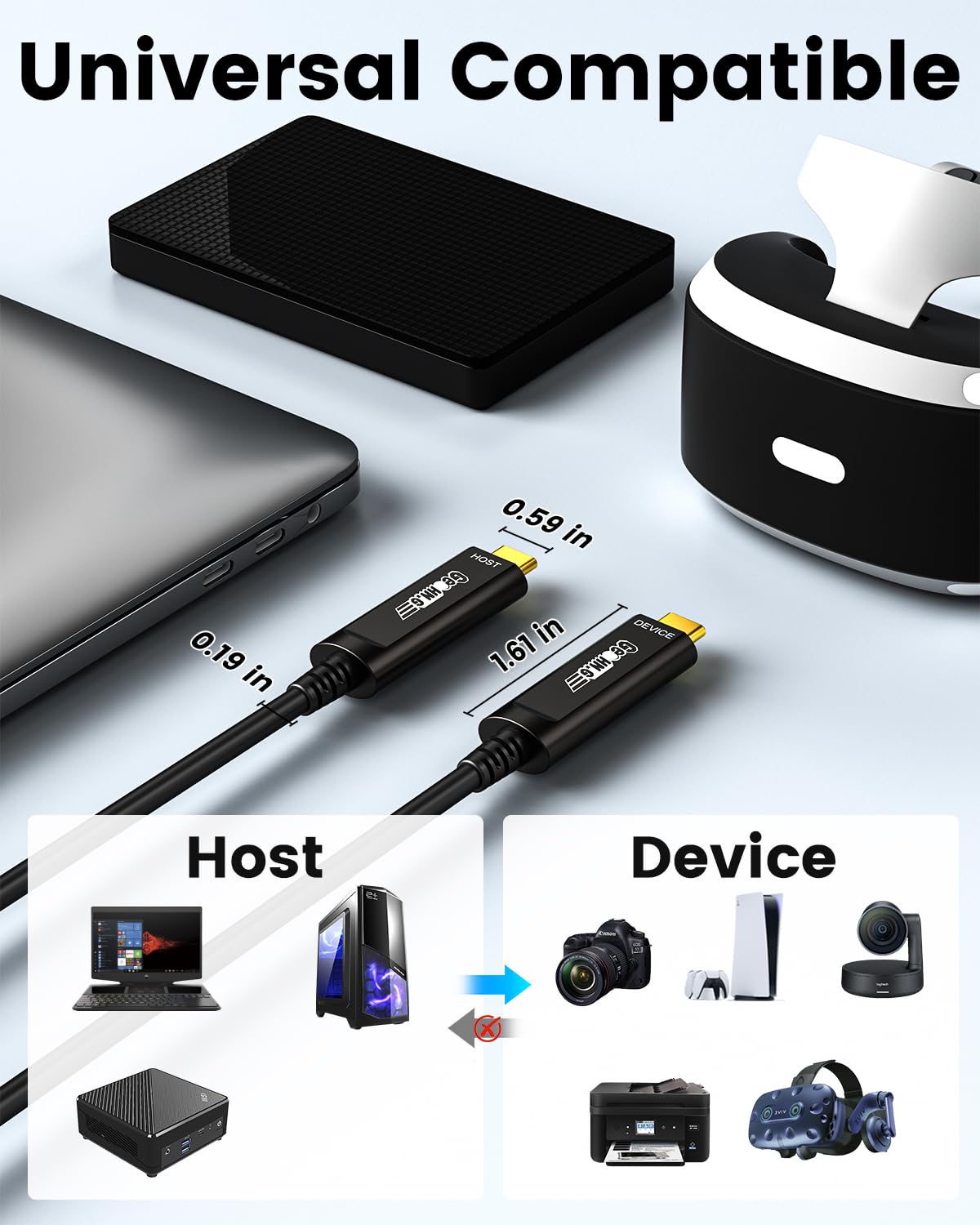 USB C Fiber Optic Cable 100 FT, 10Gbps Active USB C Cable with German SiliconLine Chip, USB 3.2 Gen2 Long Distance Zero Data Loss for Logitech 4K Camera,VR/AR,Video Conference,Webcam,Industrial System