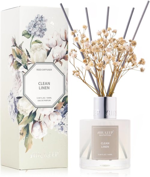 Airkeep Reed Diffuser Set - Clean Linen Home Fragrance with 8 Reed Sticks | 3.38 fl oz (100 ml)