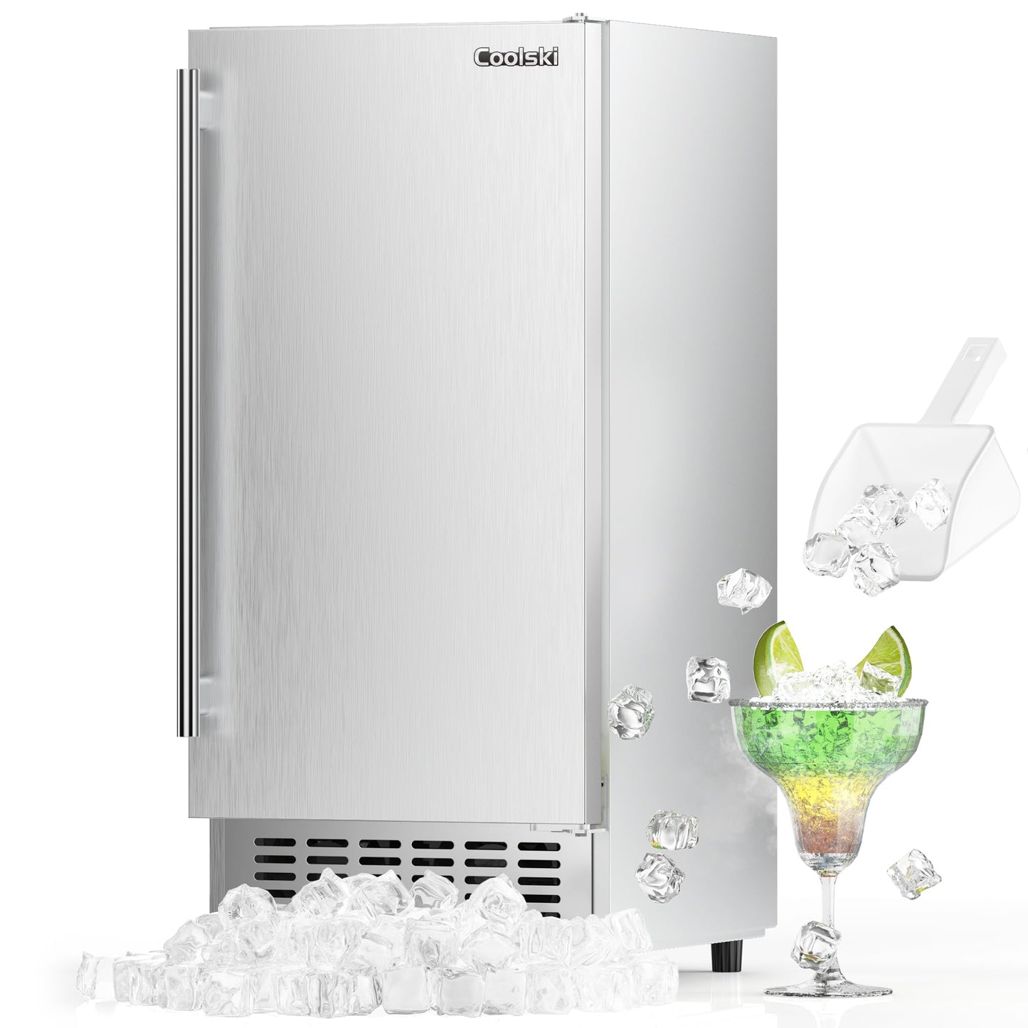 Coolski Under Counter Ice Maker Machine, Stainless Steel Built-in Freestanding Ice Maker for Commercial & Home Use, 80 Lbs/Day, 30 Lbs Storage, Self Cleaning, Thicknesses Adjustable