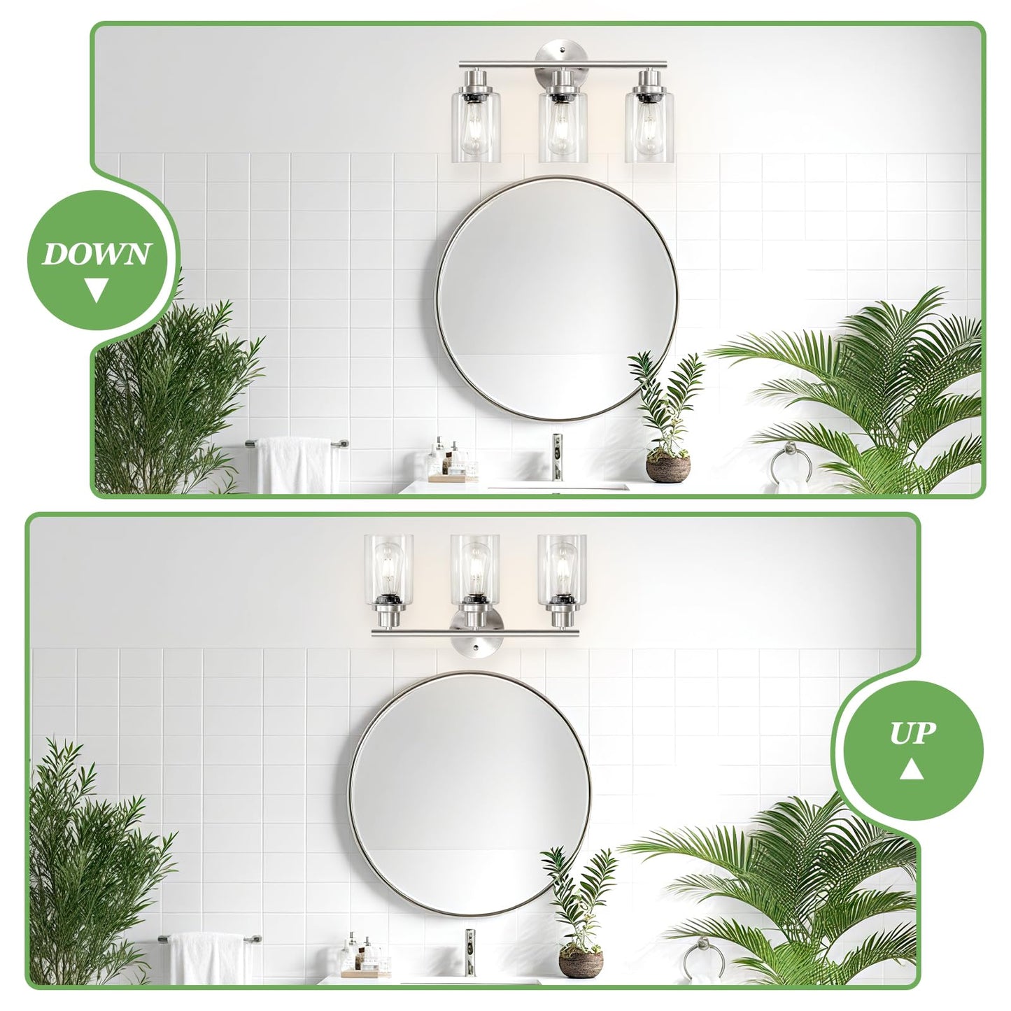 Guliaofo 3-Light Brushed Nickel Vanity Lights, E26 Modern Bathroom Light Fixtures with Clear Glass Shade, Wall Lamps for Mirror Kitchen Hallway Cabinet Living Room Sconces Lights