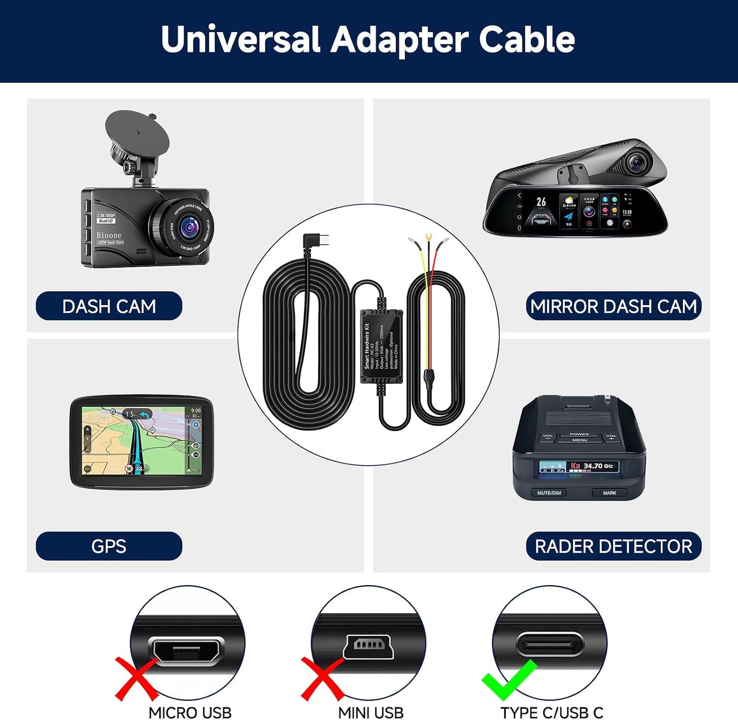 Biuone Kit,11.5ft 3-Lead 12V-24V 5V Upgraded Dash Cam Hardwire Acc Hardwire Kit for Dash Camera Type C Hard Wire Kit