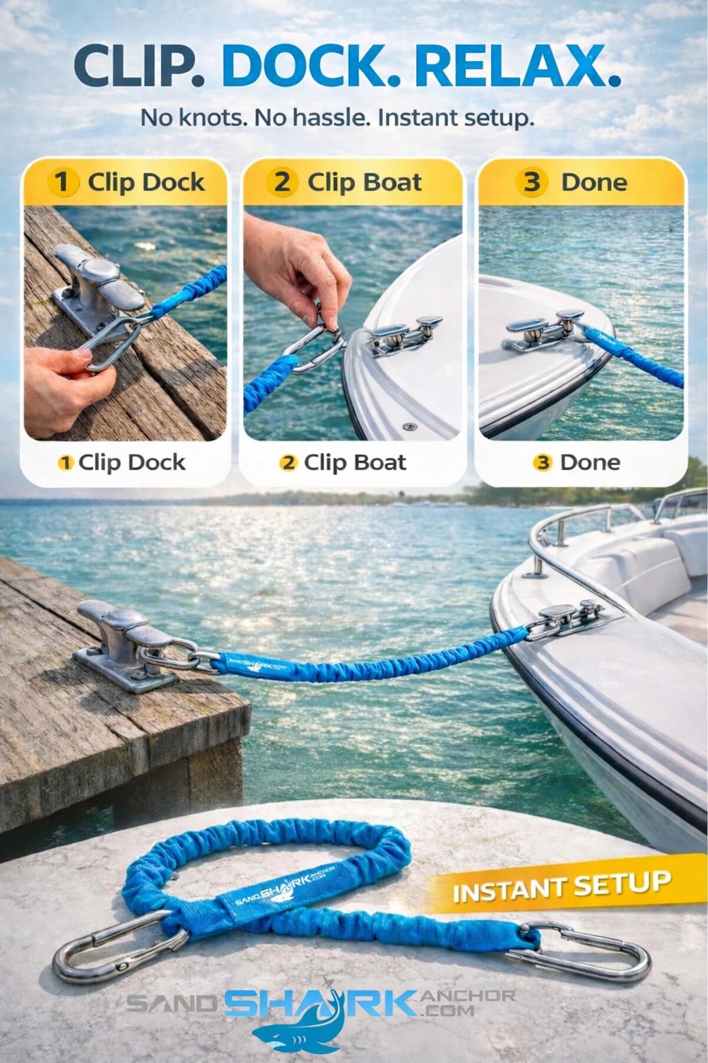 SandShark Premium Flat Bungee Dock Line – Stretches 4-7 FT - Boat & Jet Ski Dock Lines with Stainless Steel Carabiners – Shock Absorbing Mooring Rope for PWC, Boats & Pontoons. Neon Green