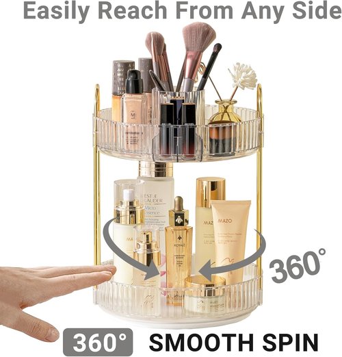Asayuee 360 Rotating Makeup Organizer - 2-Tier Large Capacity for Skincare & Cosmetics | Clear