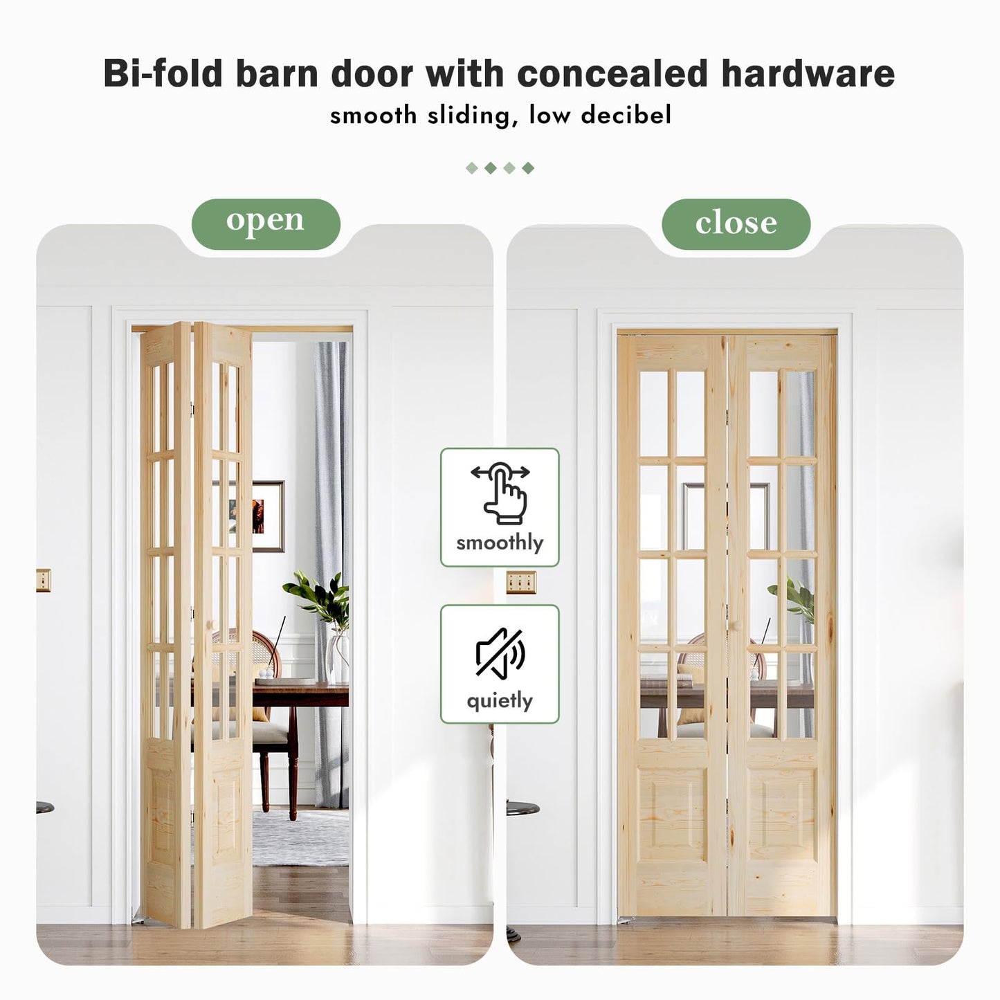 Roymelo Bifold Doors for 36"×80" Opening, Clear Glass French Interior Folding Barn Door with Concealed Hardware Kit Included, Spruce Wood Support DIY Dyeing, Preassembled Door, Save Space