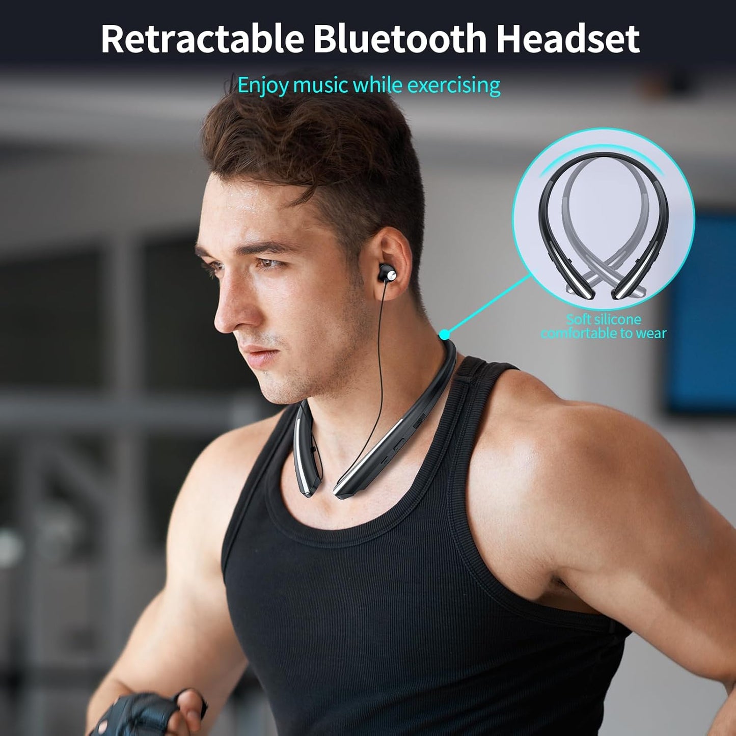 LHKLUK Headset IPX5 22H Neckband Bluetooth Headphones, Wireless Retractable with Mic, Sweatproof Earphones, Noise