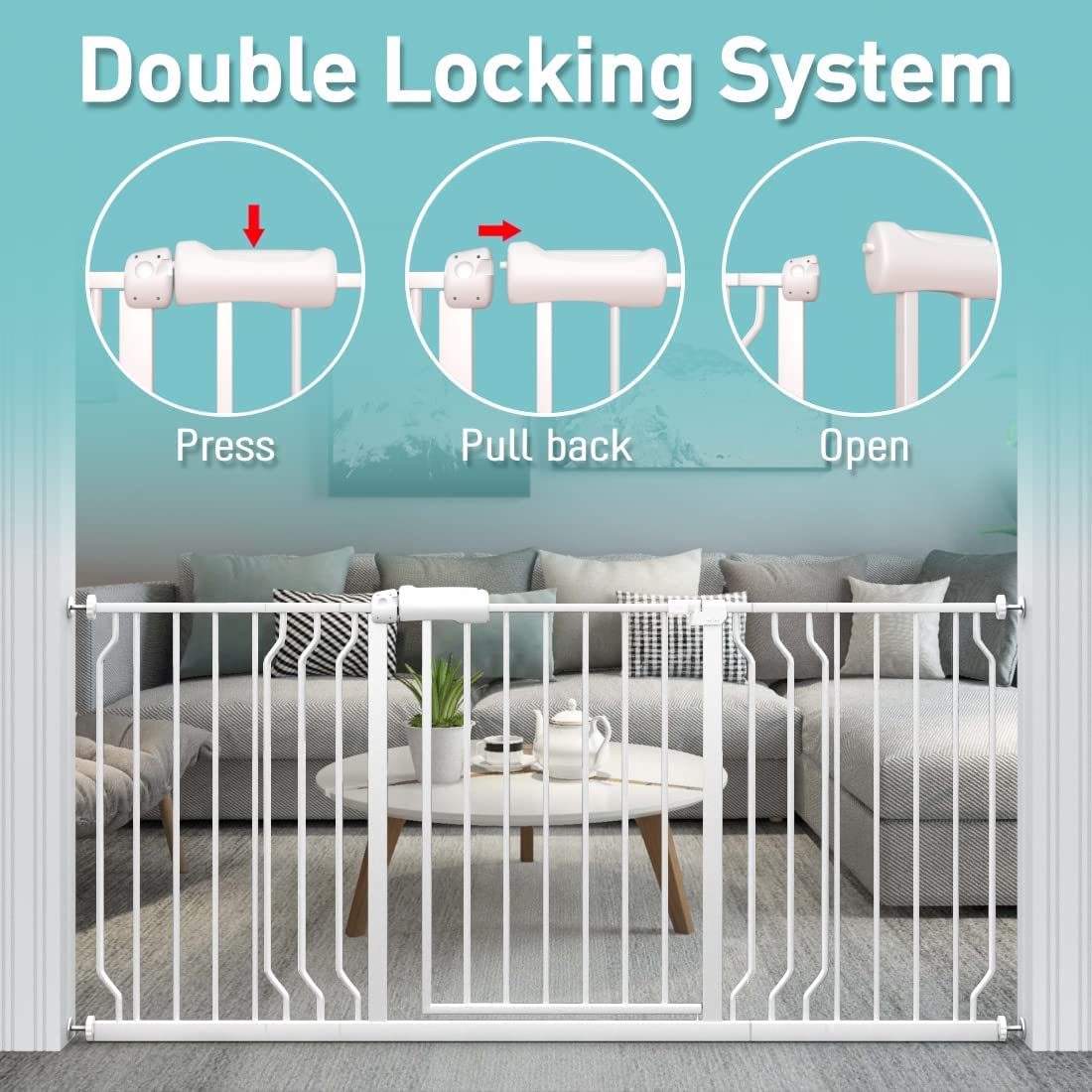 WAOWAO Baby Gate 62.19-66.88" Extra Wide Pressure Mounted Walk Through Swing Auto Close Safety White Metal Toddler Kids Child Dog Pet Puppy for Stairs,Doorways,Kitchen