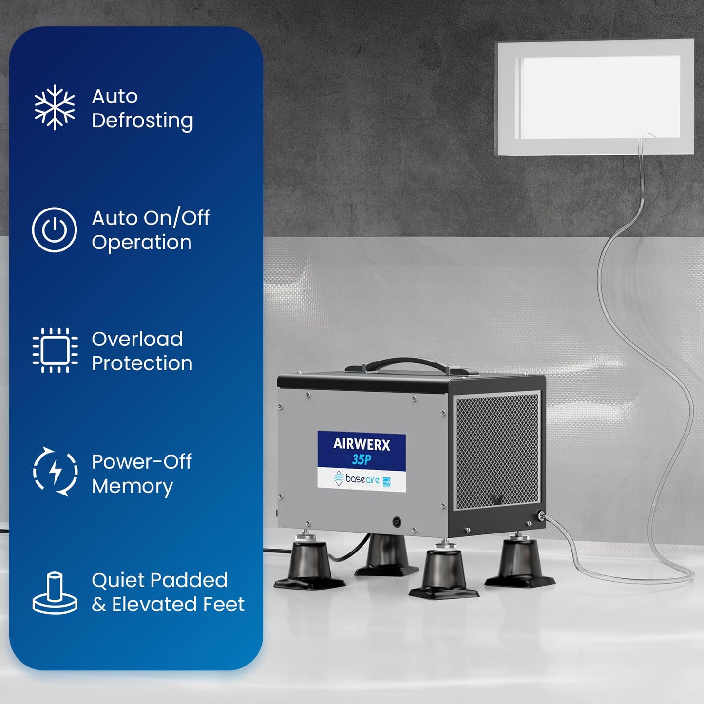 BaseAire Crawlspace Dehumidifier with Pump, Compact Dehumidifiers for Commercial, Basement and Water Damage with Drain Hose, 70 PPD, Auto Defrost, GLGR Technology, Up to 1000 Sq Ft