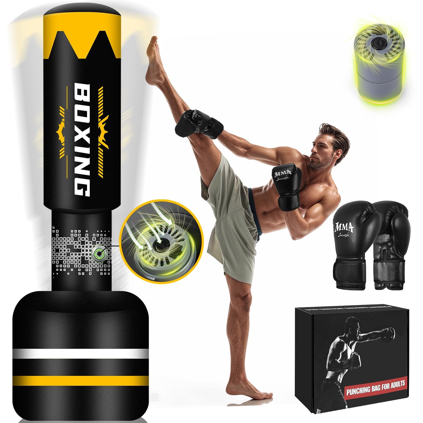 69'' Standing Punching Bag for Adults, Heavy Duty Kick Boxing Bag with Automatic Built in Air Pump and 12OZ Gloves, Training Equipment for MMA Muay Thai Kickboxing Home Gym Exercise