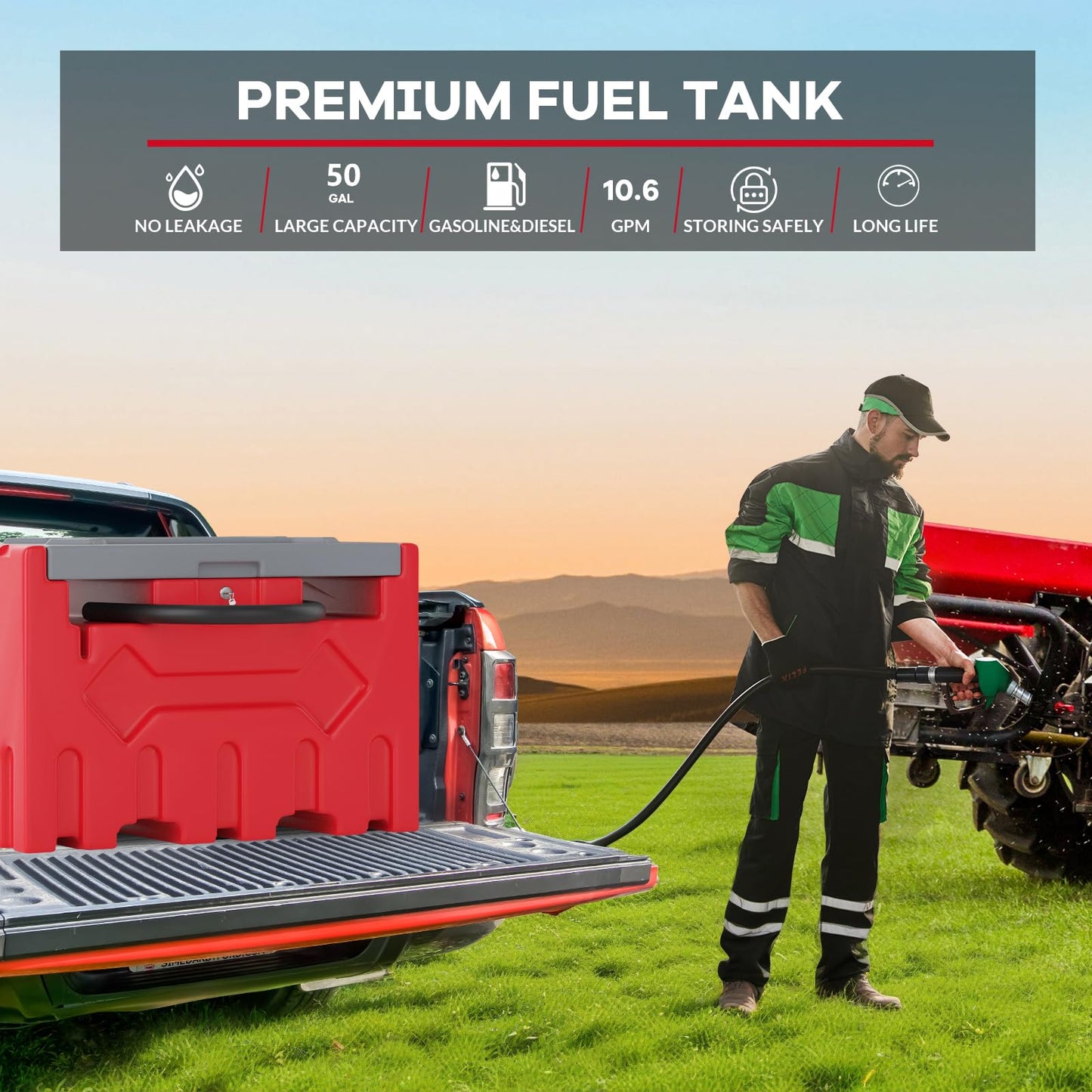 50 Gallon Portable Fuel Tank with 12V Electric Pump, Diesel Transfer Tank, Auto Shut-Off Nozzle & 13ft Hose, Heavy Duty HDPE Fuel Storage for Truck, Farm & Construction Red