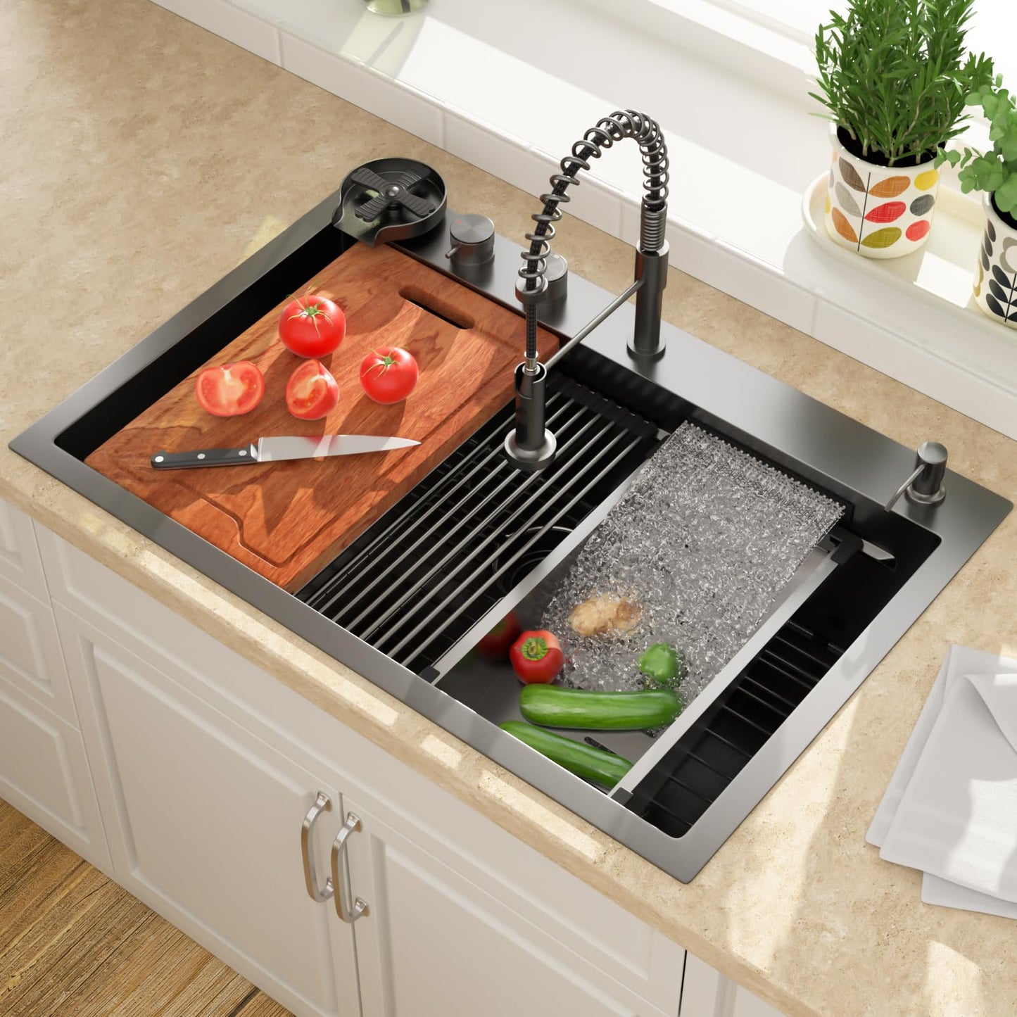 Lordear 30 Drop In Kitchen Sink with Faucet 30x22 Inch Black Waterfall Kitchen Sinks Topmount Stainless Steel 16 Gauge Single Bowl Workstation Kitchen Sink With Faucet Combo