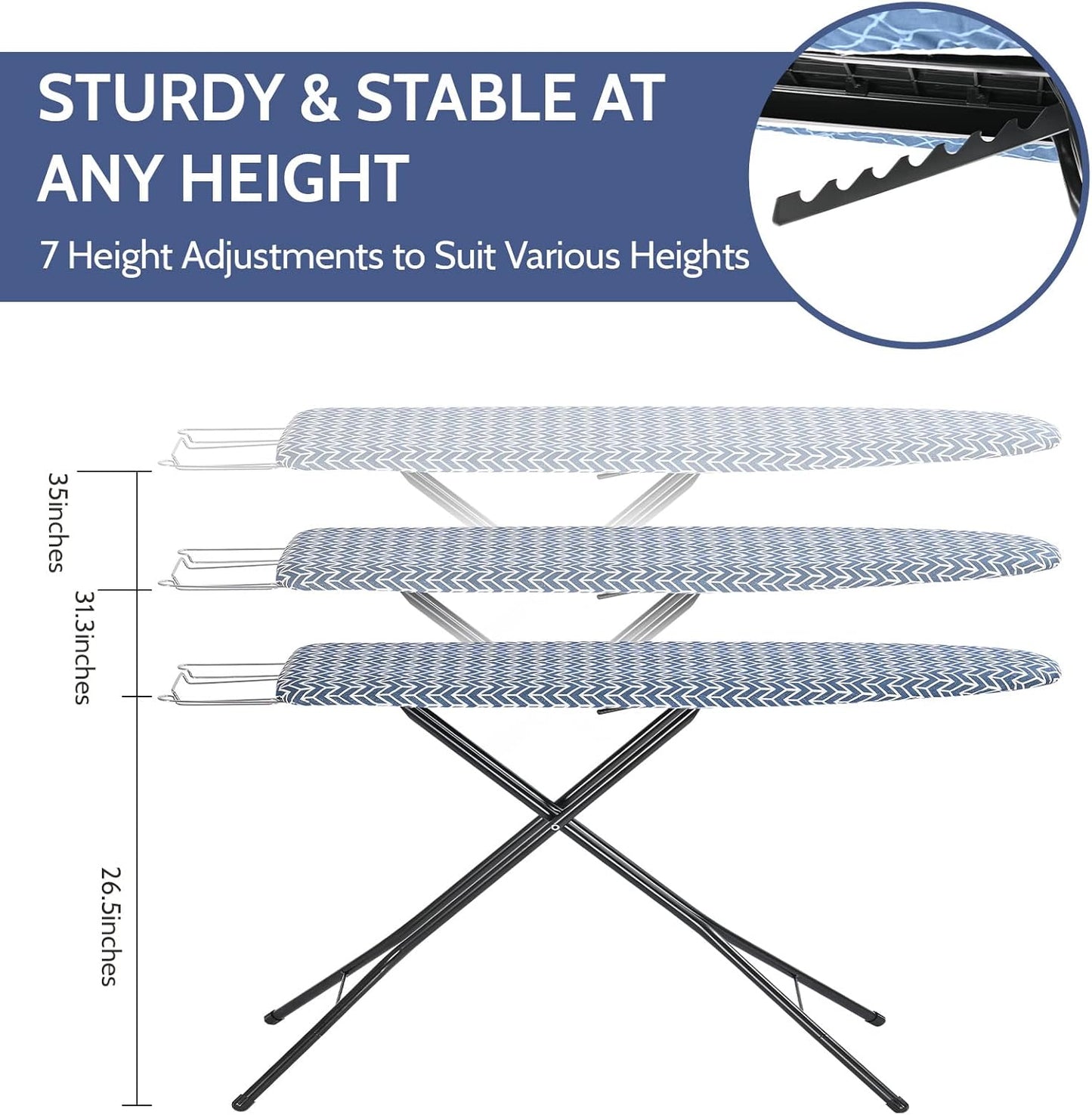 APEXCHASER Ironing Board Full Size, Iron Board with Ironrest, Lightweight Iron Table Stand Adjustable Height, Foldable Iron and Ironing Boards Set with Thick Padding, Sturdy Metal Legs, Blue 43x13
