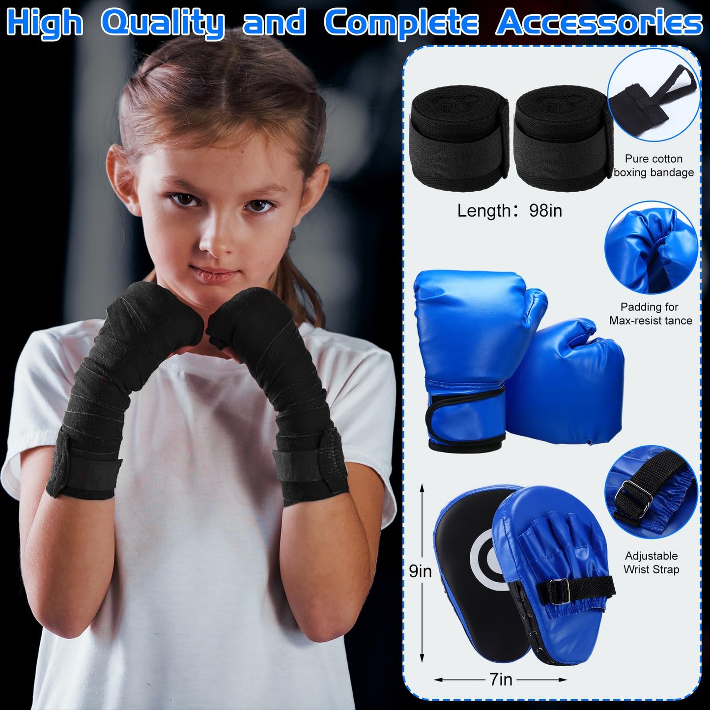 7 Pcs Kids Punching Bag Set Include Boxing Gloves, Inflatable Punching Bag, Hand Wraps, Hand Pads, Air Pump, Kids Boxing Training Set for Karate Kickboxing Taekwondo(Blue)