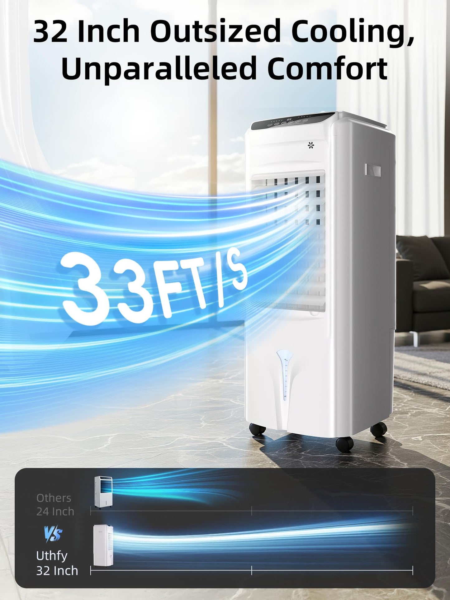 Uthfy 32" Evaporative Air Cooler with 4 Ice Packs, 4 Modes & 3 Speeds, Swamp Cooler with 4.2 Gal Water Tank, 120° Oscillation, 12H Timer, Remote, White, Portable Air Conditioner for Bedroom, Office