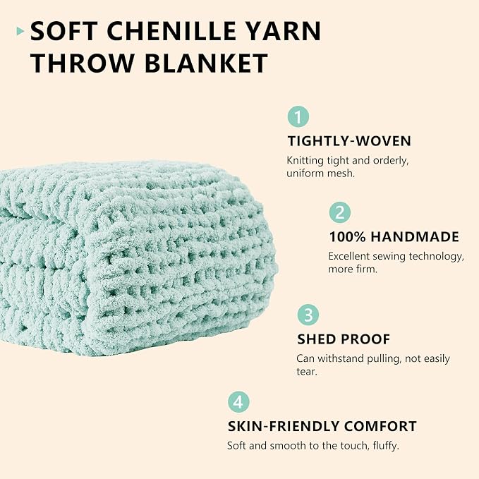 L'AGRATY Chunky Knit Blanket Throw: 60''x80'' Chenille Chunky Knitted Throw Blankets for Bed Couch - Handmade Thick Big Cable Knit Blanket - Large Crochet Rope Blankets for Home Decor(Mint Green)