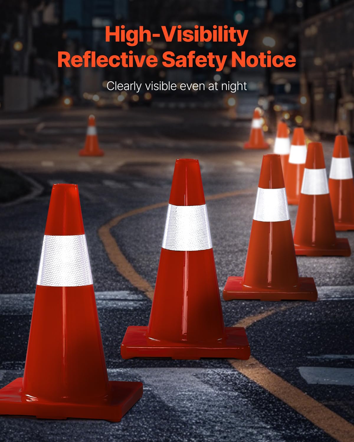 VEVOR 12Pack 18" Traffic Cones, Safety Road Parking Cones PVC Base, Orange Traffic Cone with Reflective Collars, Hazard Construction Cones for Home Traffic Parking