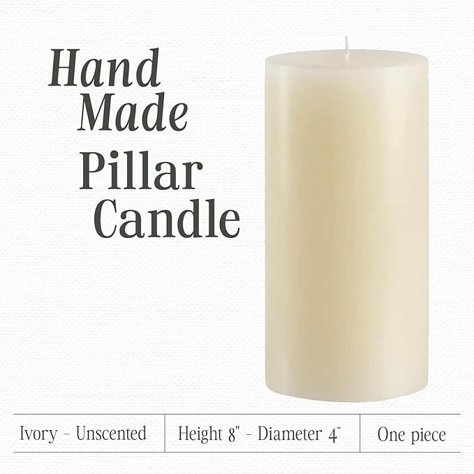 Mister Candle Non Scented Luxury 4 x 8 Pillar Candle, Hand Poured Ivory Unscented Candle for Home Decor, Premium Wax, Smokeless & Dripless, 160 Hour Burn Time