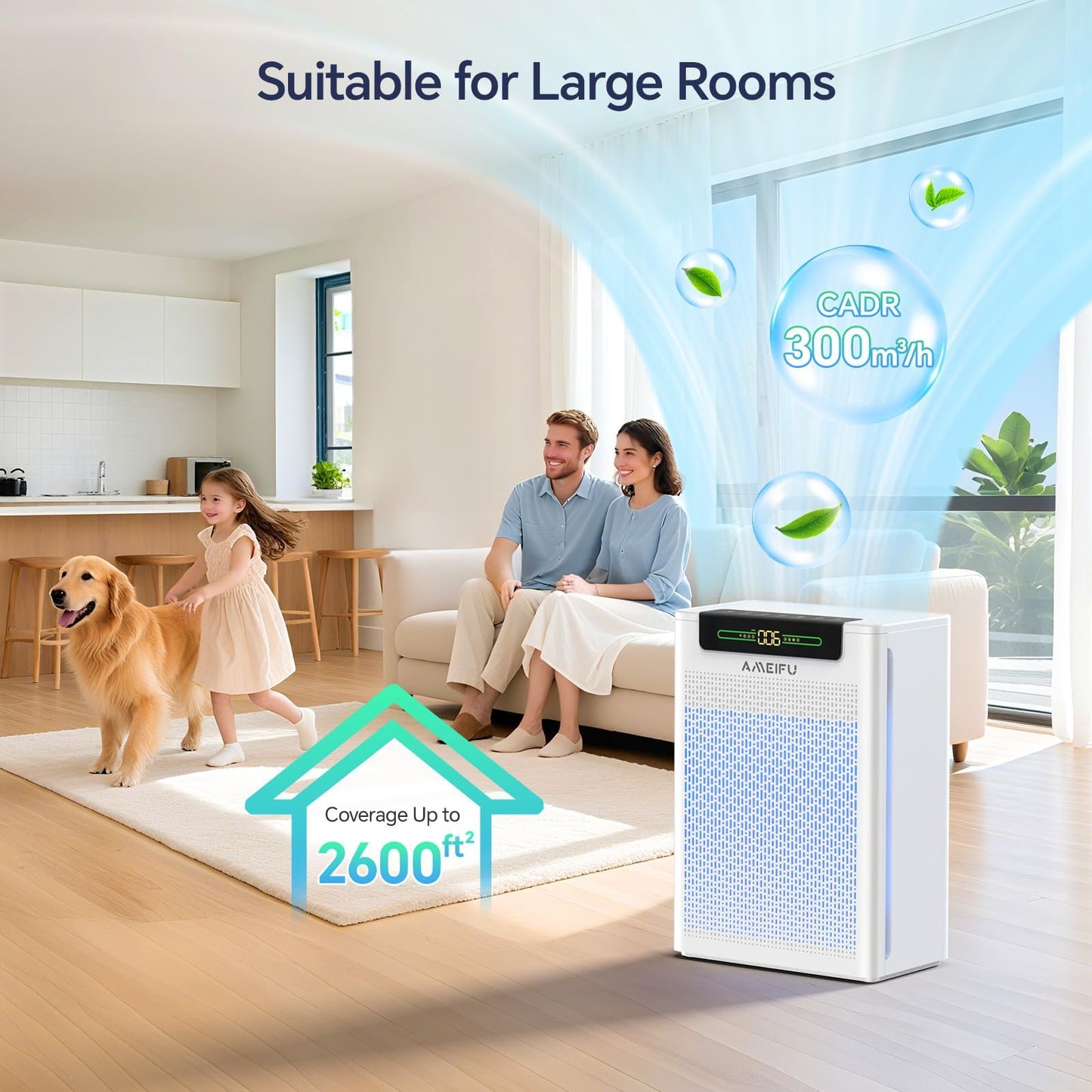 AMEIFU Air Purifiers for Home Large Room up to 3000sq.ft, H13 True Hepa Air Purifiers for Pets Hair, Dander, Smoke, Pollen, 3 Fan Speeds, 5 Timer Air Cleaner