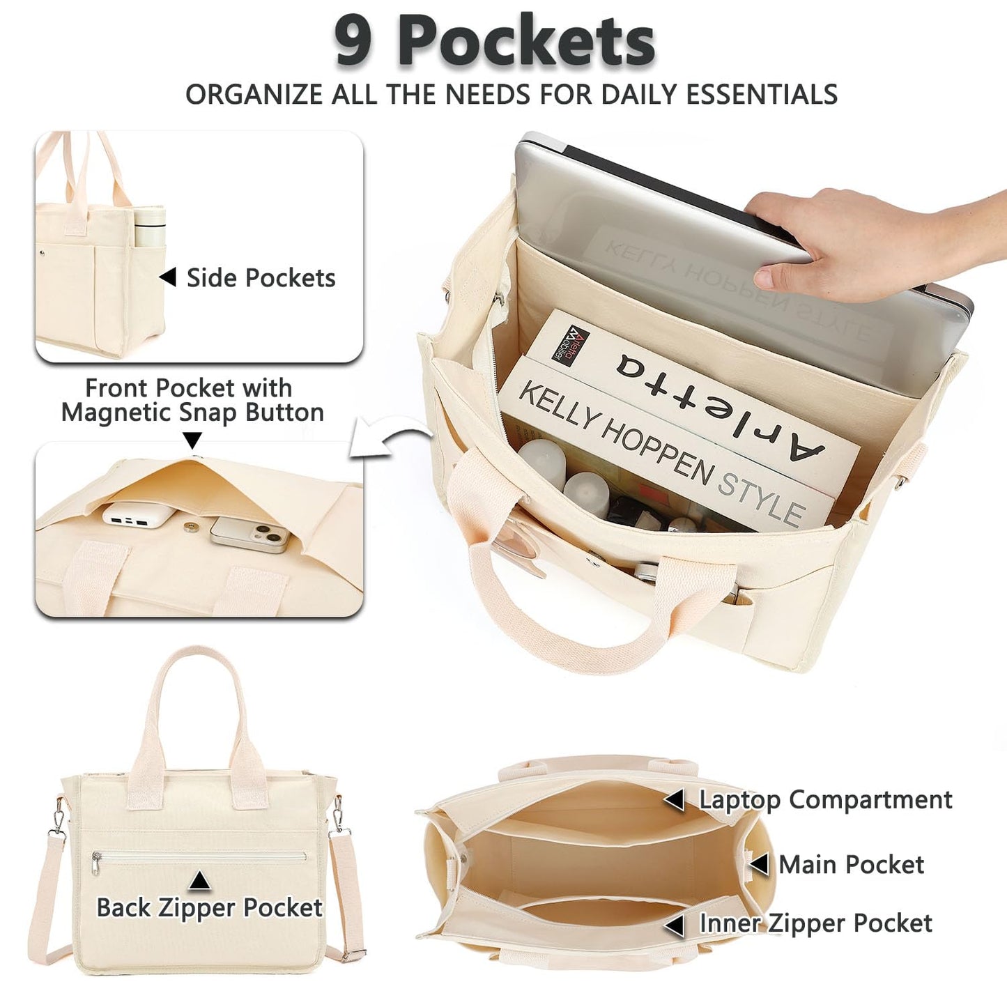 Fammart Large Canvas Tote Bag for Women with Zipper & Compartments, Crossbody Laptop Bags for Work College Travel
