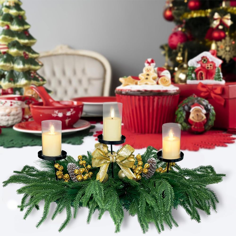 Skiennix Christmas Centerpiece - Elegant Candle Holders with Golden Glitter Bow & Pine Cones | 27.6" Table Decoration