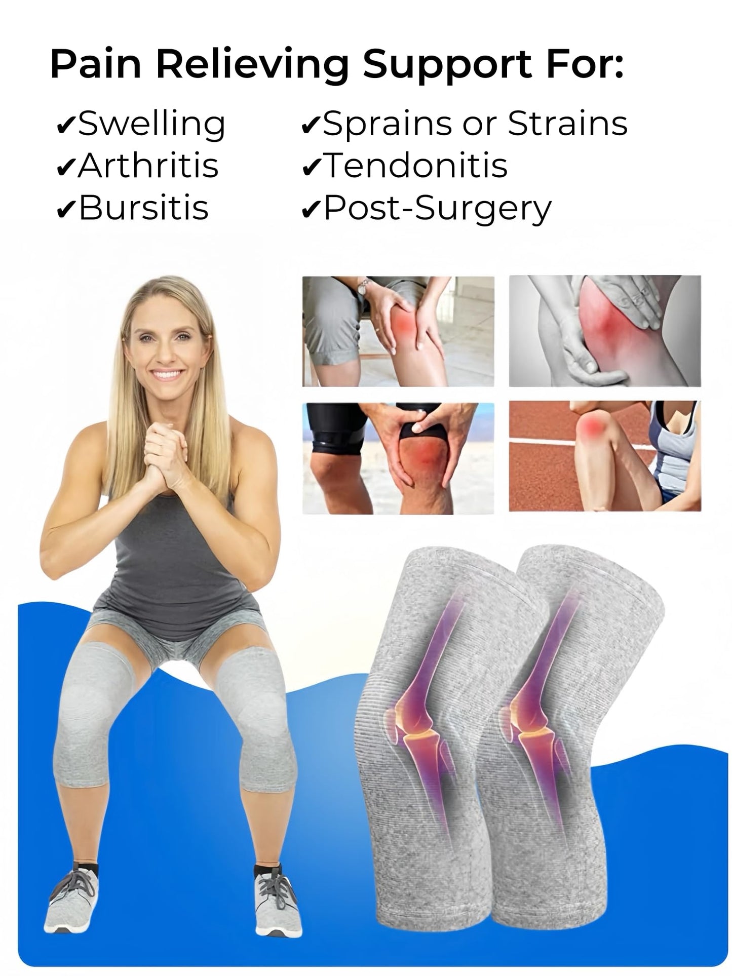 inflossom Bamboo Knee Sleeves, 2-Pack Knee Compression Sleeve Women Men Elastic Warm Slip-on Recovery Knee Brace for Arthritis Knee Pain