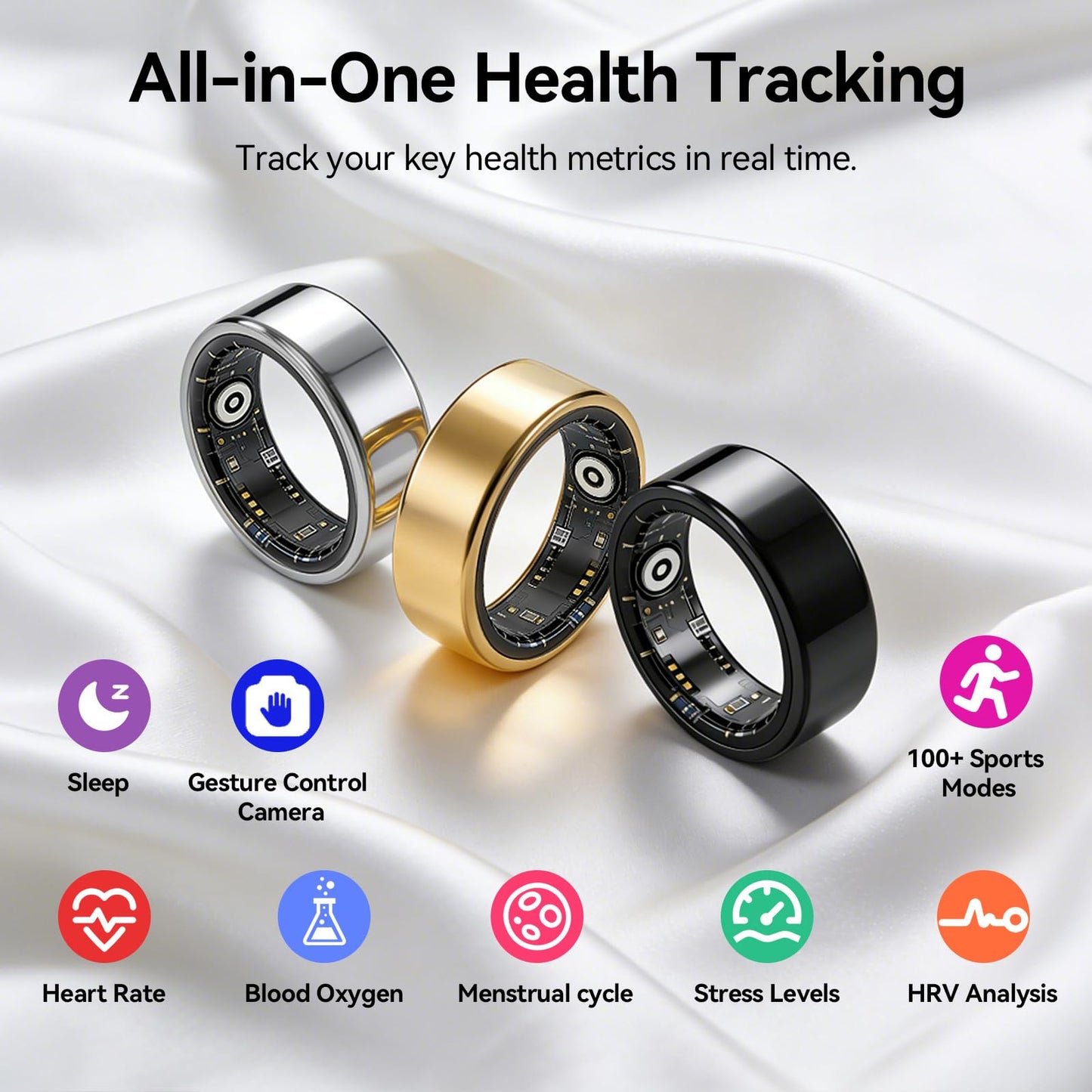 Smart Ring Fitness Tracker for Women and Men, Heart Rate Monitor, Sleep and Stress Monitoring, Menstrual Cycle Tracking, Step Counter, IP68 Waterproof, No Subscription, Compatible with iOS and Android