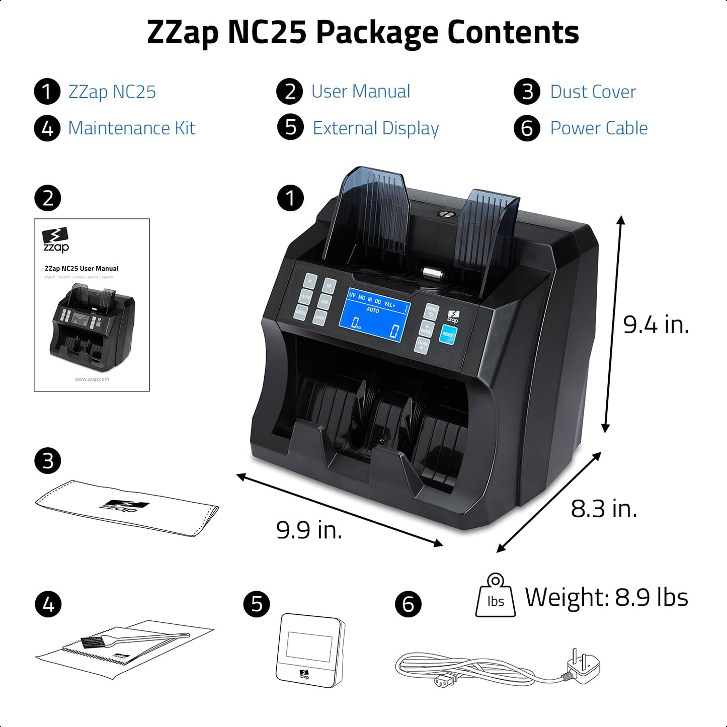 ZZap Bill Value Counter & Counterfeit Detector - Money Cash Currency Machine (NC25)
