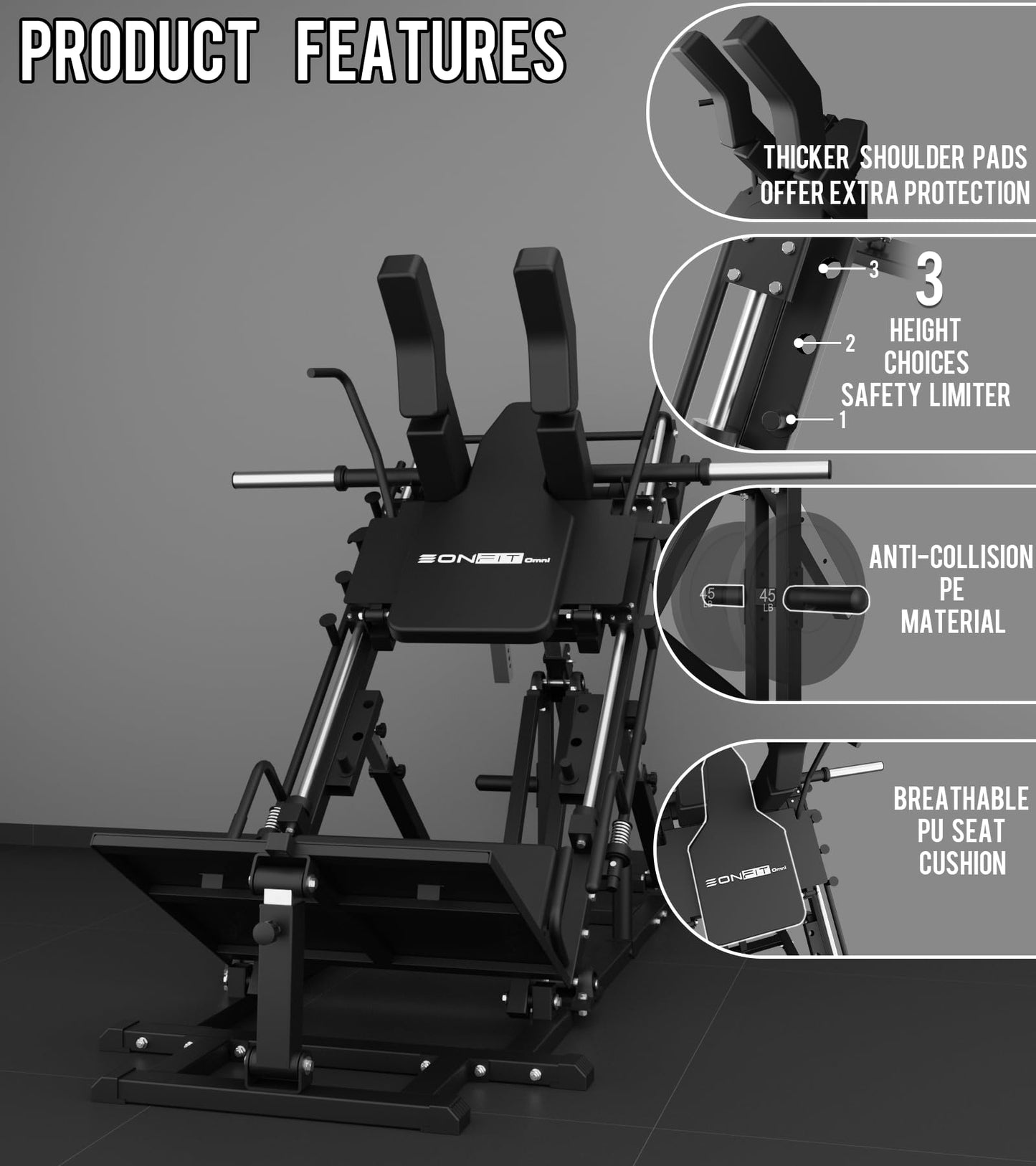 Eonfit EL2 2.0 Leg Press Machine for Home Gym, Hack Squat Machines with Linear Bearing 45°, Calf Raise Machine, 4-in-1 Design Lower Body Strength Training Equipment 1300lbs with Weight Storage