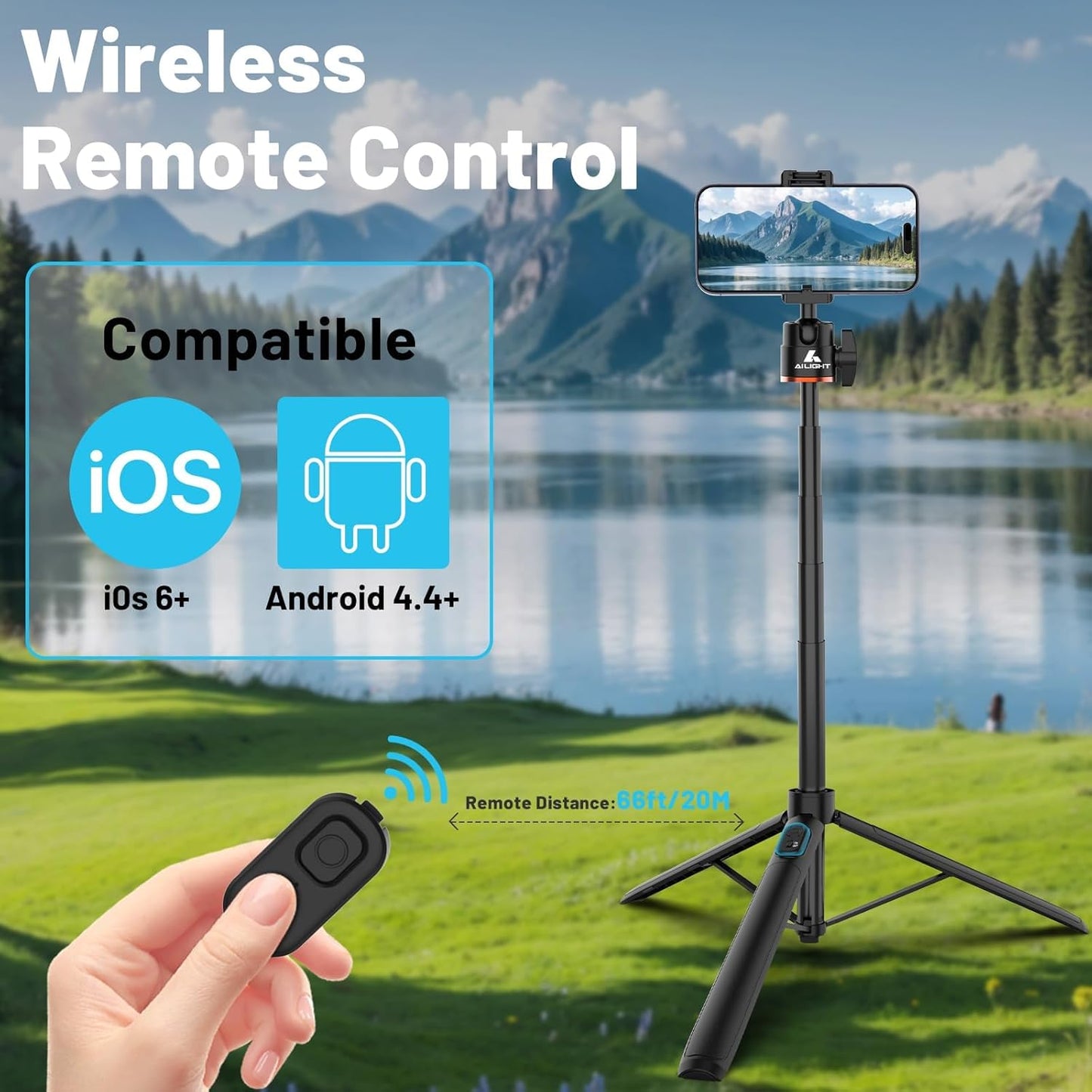 ailight 60" 360 Extendable Travel Tripod & Selfie Stick with Cold Shoe & Wireless Remote, Ball Head for Vlogging