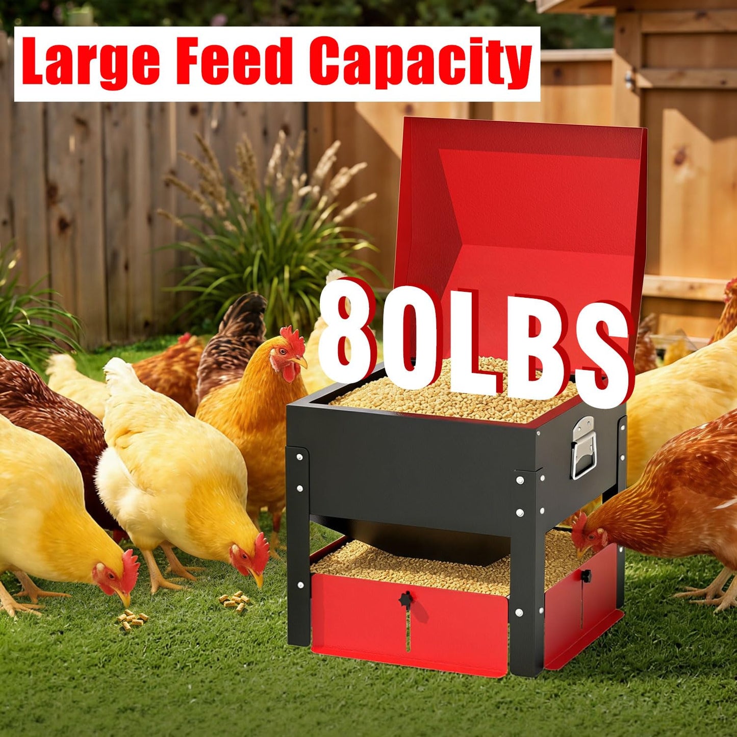 100lbs Automatic Chicken Feeder, Heavy Duty Galvanized Steel Poultry Feeder, Weatherproof & Secure-Lid for Outdoor Use, No Waste & Rodent-Proof for Chickens, Ducks, Turkeys