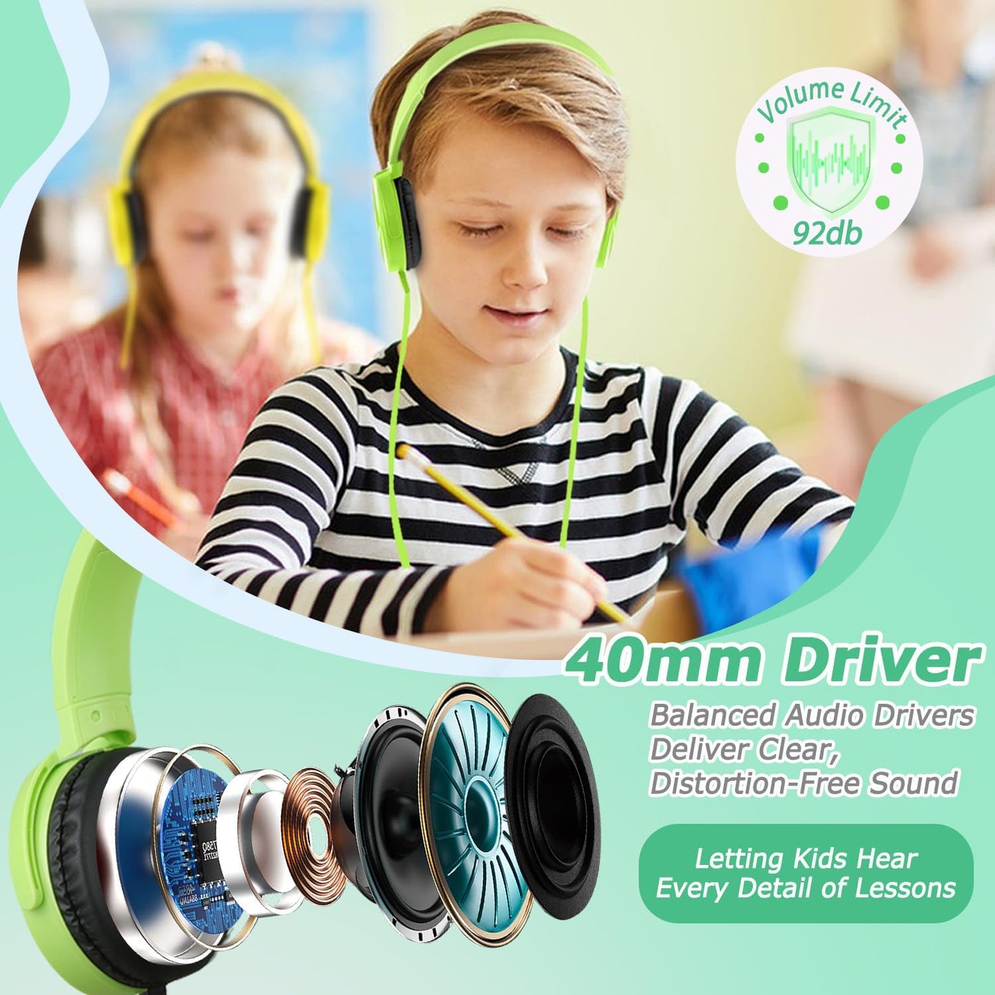 2 Pack K-12, 3.5mm Kids Headphones for School Classroom Swivel Foldable, HD Stereo, Jack Wired Headphone for Kids