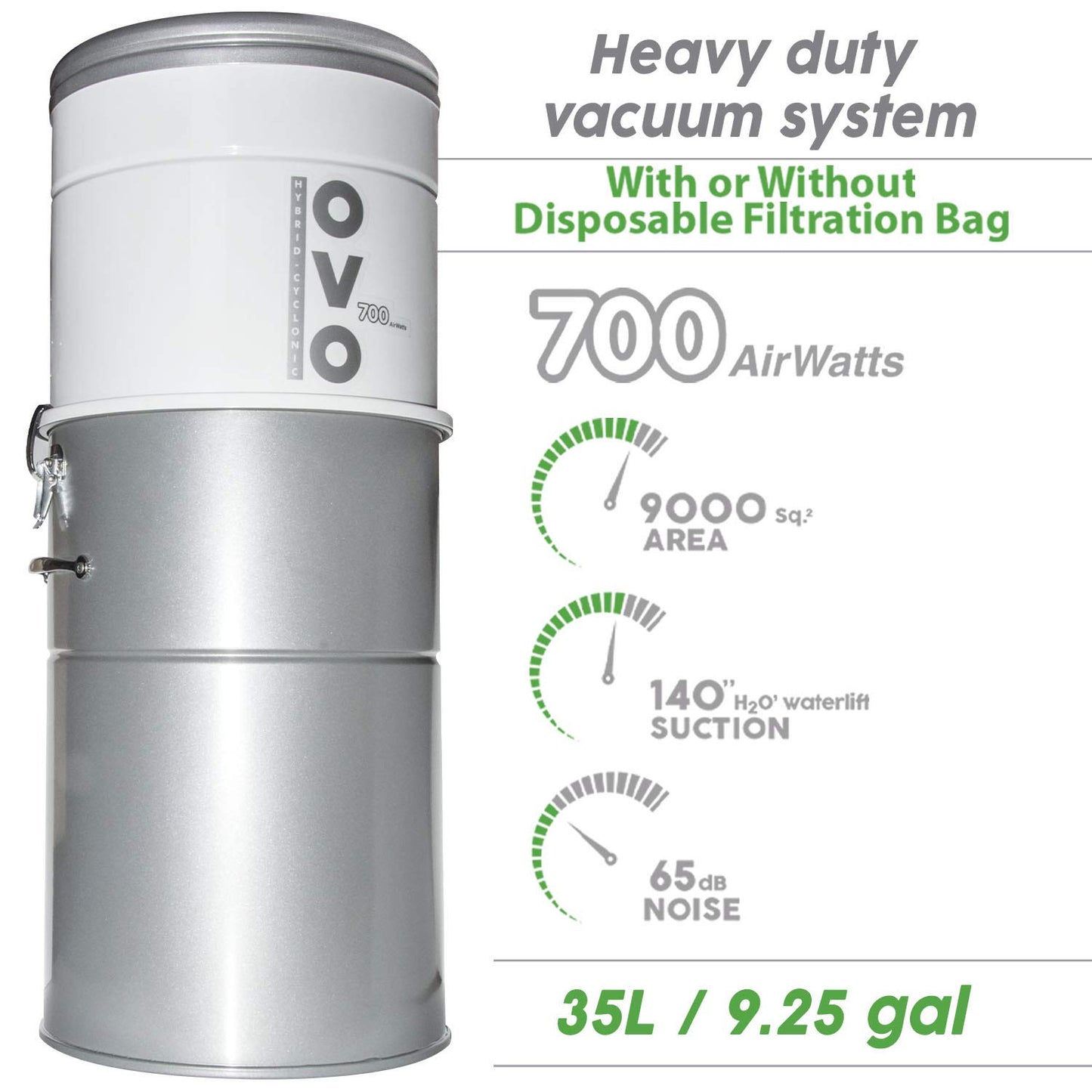 OVO 700 Airwatts Heavy Duty Powerful Central Vacuum System, Hybrid Filtration (with or Without Disposable Bags) 35L or 9.25Gal Bottom Load Dust Bin